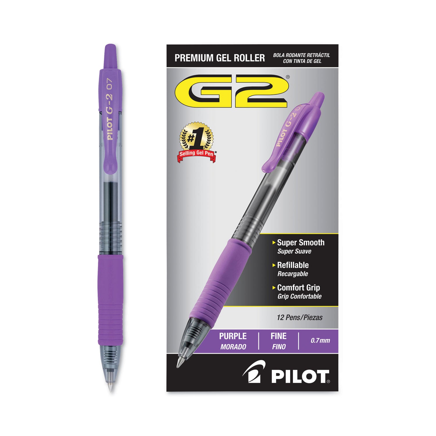 Pilot® G2 Premium Gel Pen, Retractable, Fine 0.7 mm, Purple Ink, Smoke/Purple Barrel, Dozen