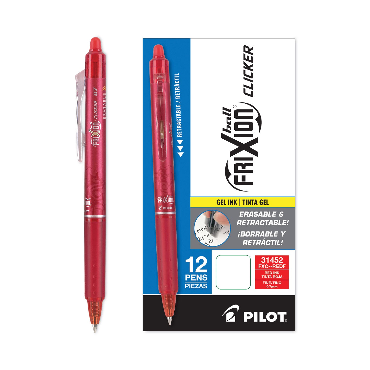 Pilot® Frixion Clicker Erasable Gel Pen, Retractable, Fine 0.7 Mm, Red Ink, Red Barrel