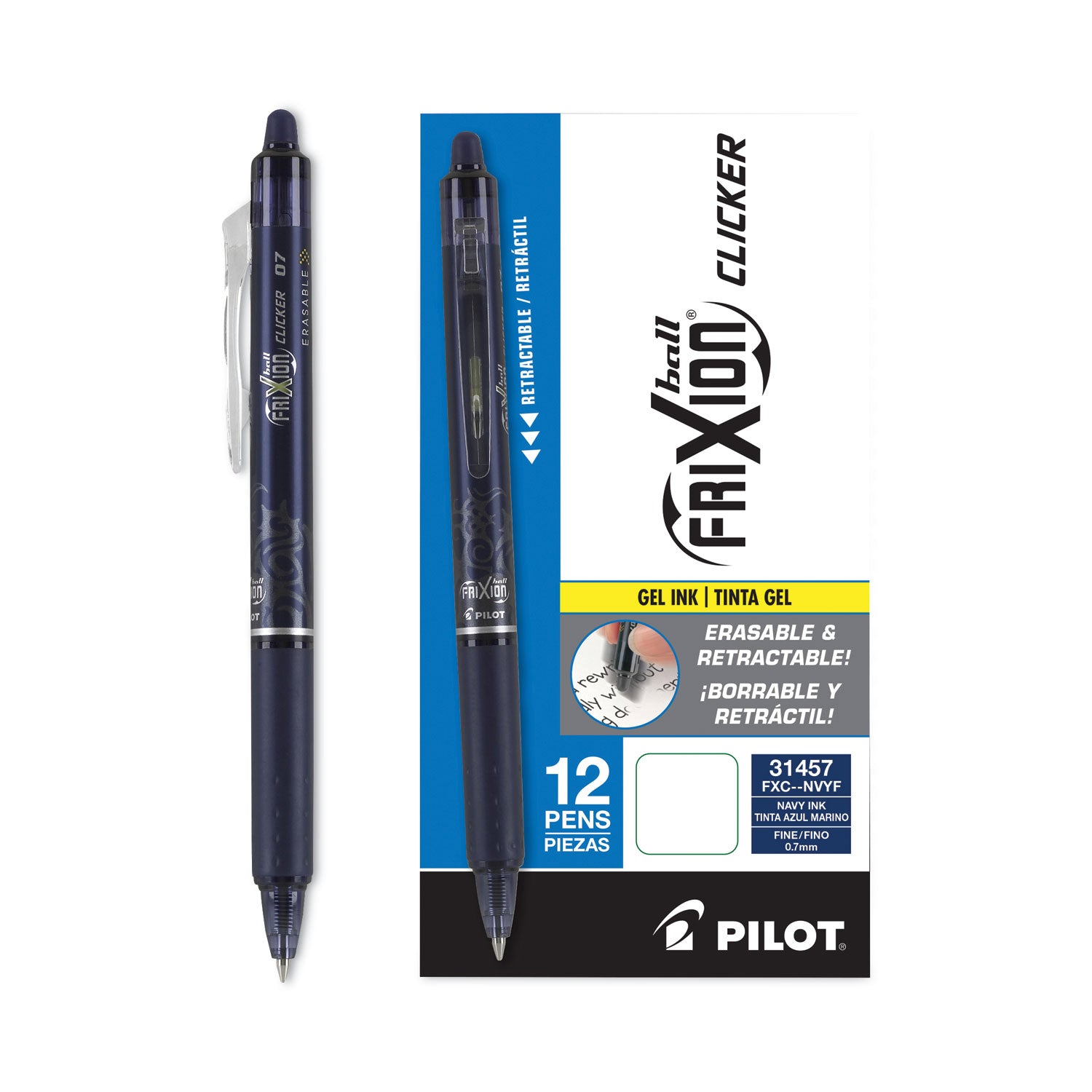 Pilot® Frixion Clicker Erasable Gel Pen, Retractable, Fine 0.7 Mm, Navy Ink, Navy Barrel