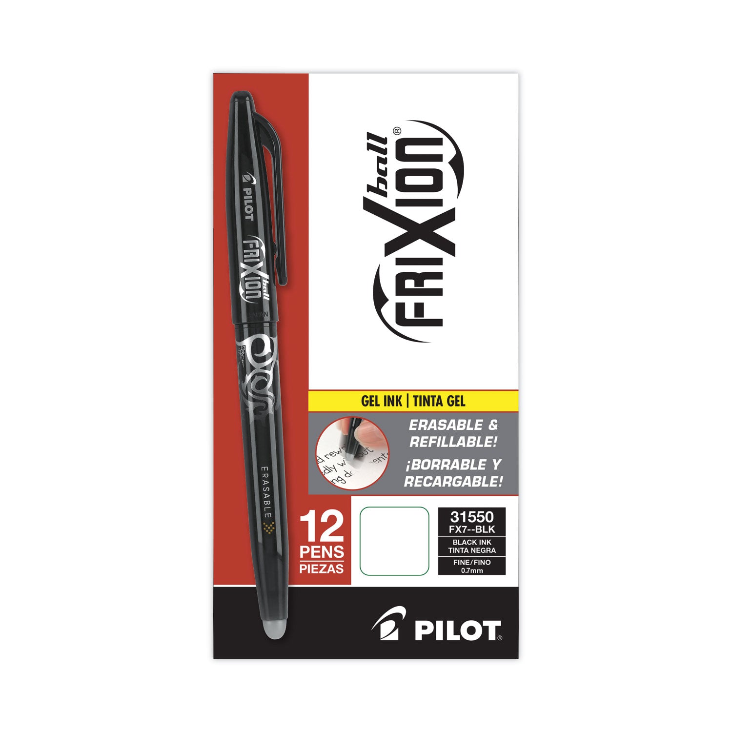 Pilot® FriXion Ball Erasable Gel Pen, Stick, Fine 0.7 mm, Black Ink, Black Barrel