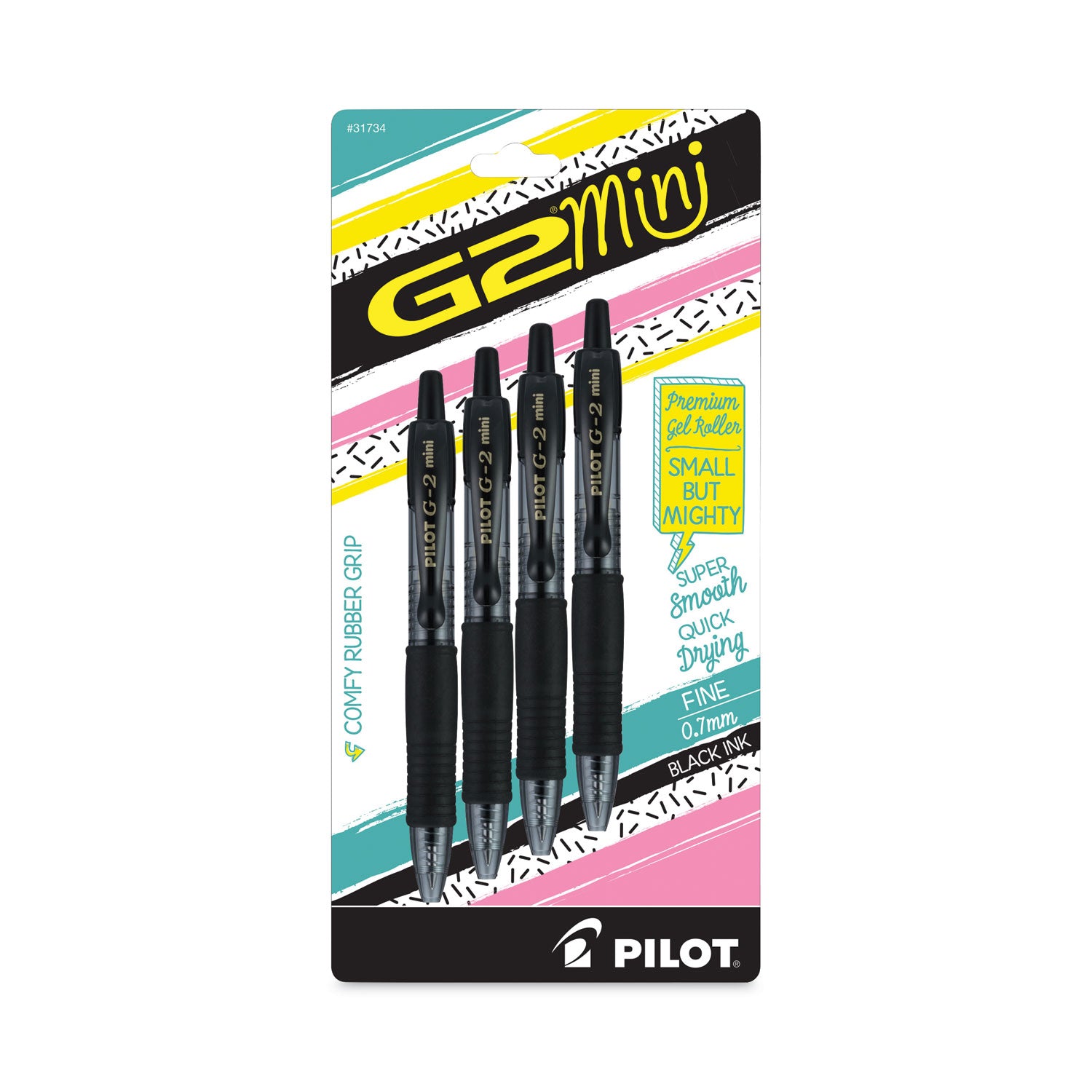 Pilot® G2 Mini Gel Pen, Retractable, Fine 0.7 mm, Black Ink, Smoke/Black Barrel, 4/Pack