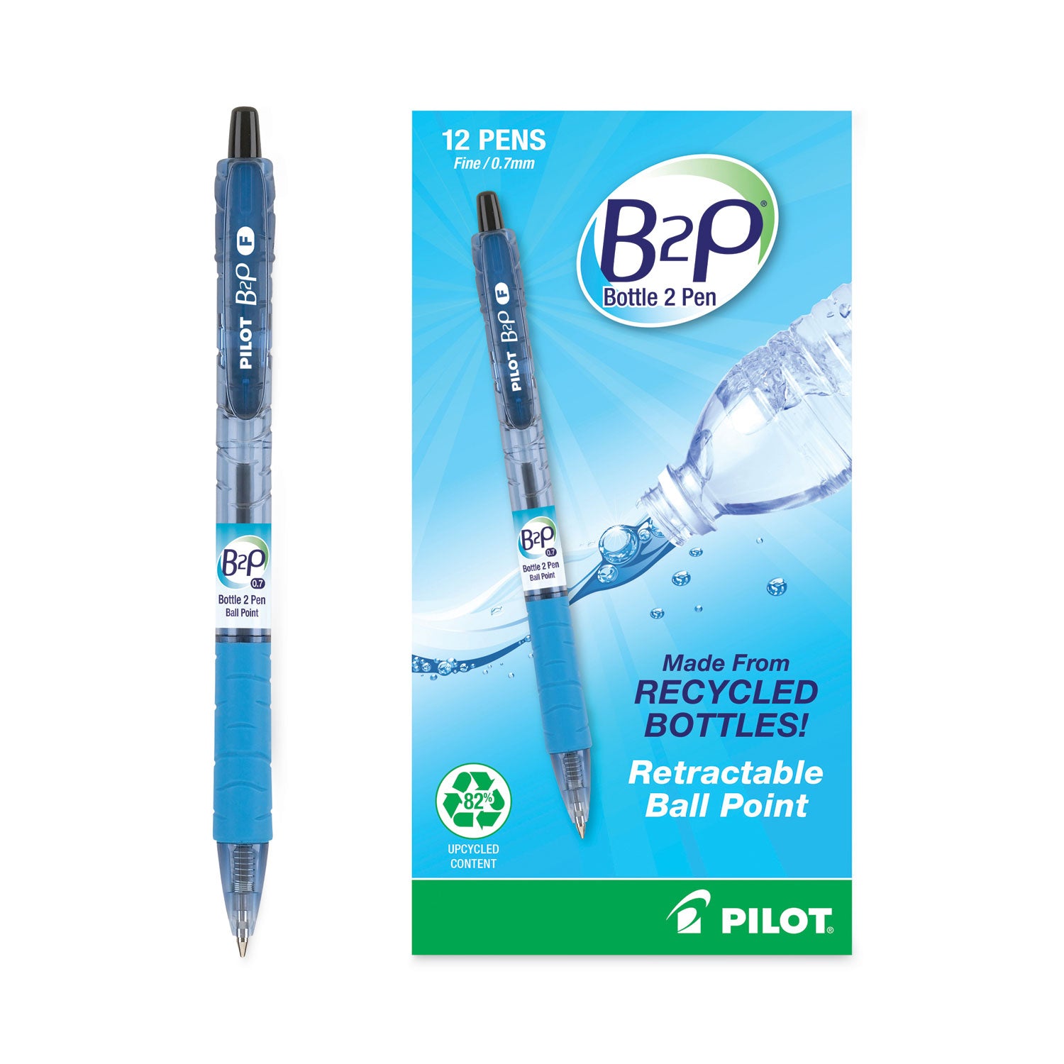 Pilot® B2p Bottle-2-Pen Recycled Ballpoint Pen, Retractable, Fine 0.7 Mm, Black Ink, Translucent Blue Barrel, Dozen