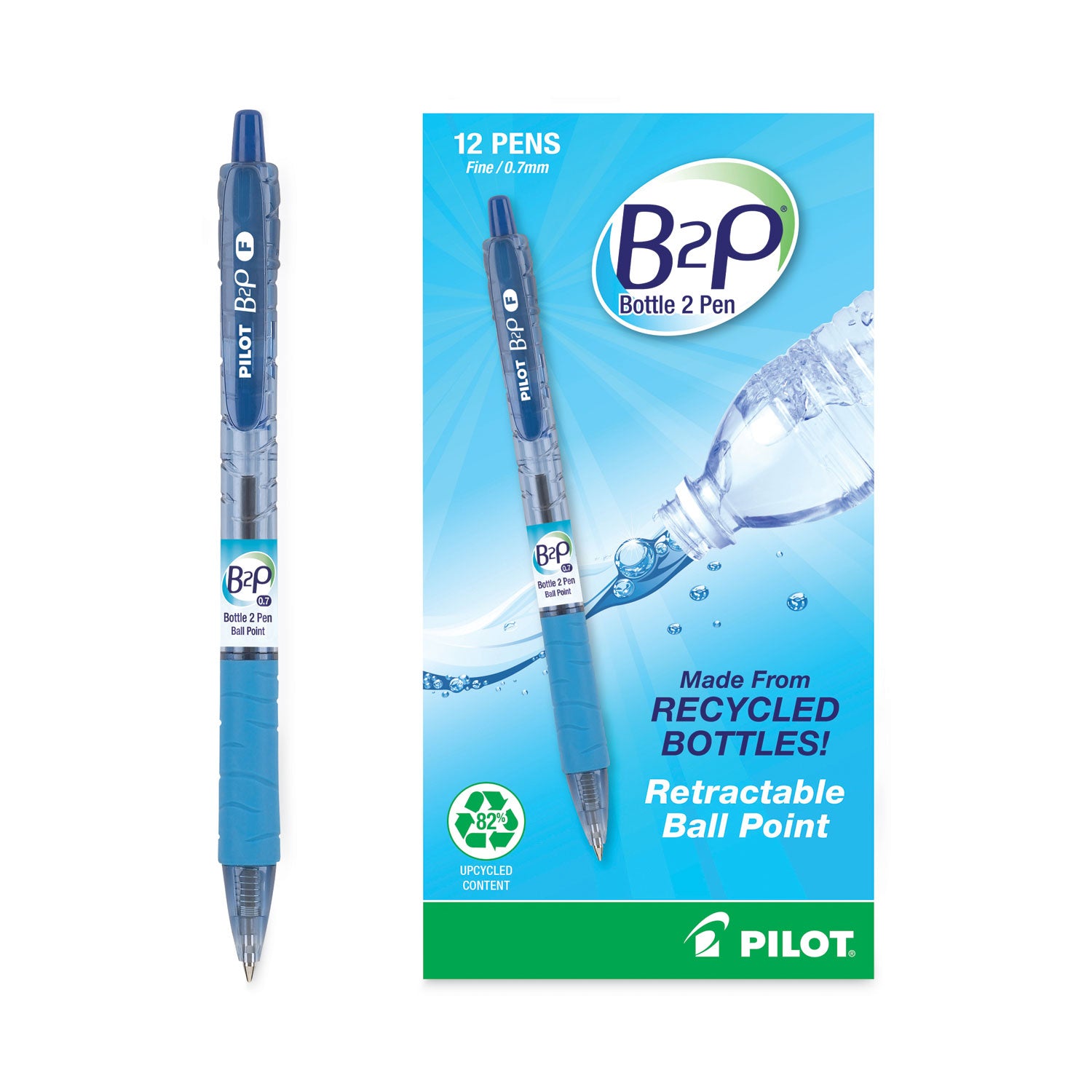 Pilot® B2p Bottle-2-Pen Recycled Ballpoint Pen, Retractable, Fine 0.7 Mm, Blue Ink, Translucent Blue Barrel, Dozen