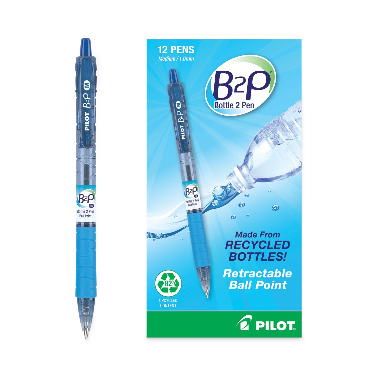 Pilot® B2p Bottle-2-Pen Recycled Ballpoint Pen, Retractable, Medium 1 Mm, Blue Ink, Translucent Blue Barrel, Dozen