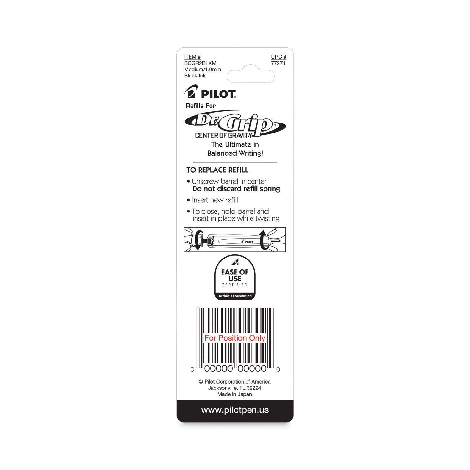 Pilot® Refill For Pilot Dr. Grip Center Of Gravity Ballpoint Pens, Medium Conical Tip, Black Ink, 2/pack