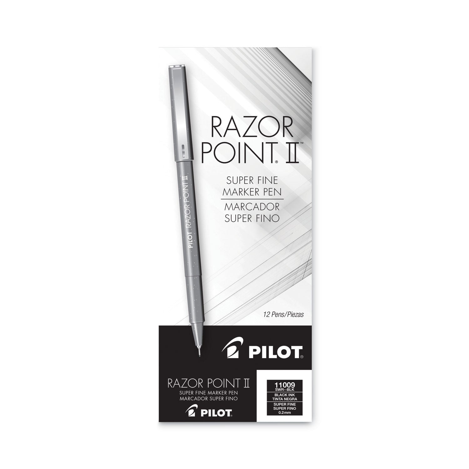 Pilot® Razor Point II Super Fine Line Porous Point Pen, Stick, Super-Fine 0.2 mm, Black Ink, Black Barrel, Dozen
