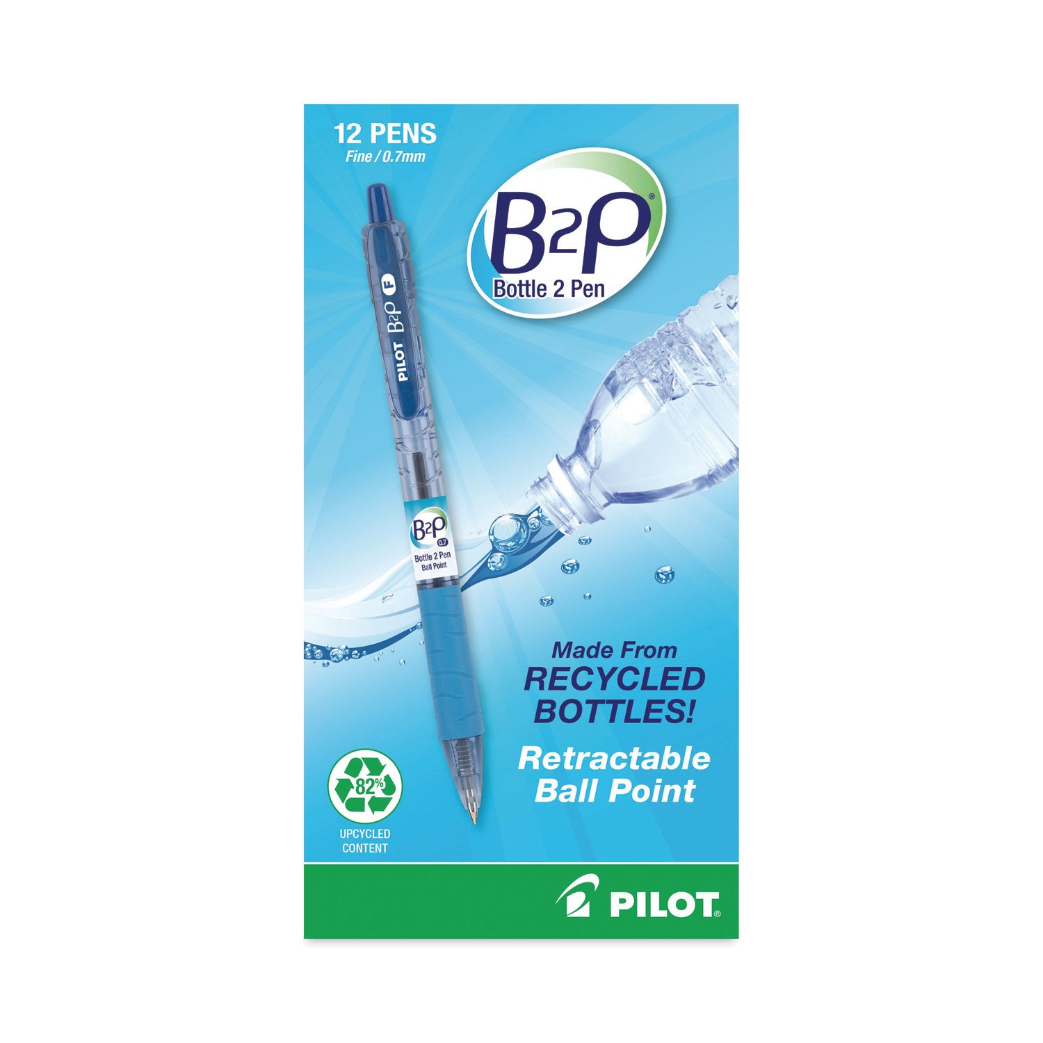 Pilot® B2p Bottle-2-Pen Recycled Ballpoint Pen, Retractable, Fine 0.7 Mm, Blue Ink, Translucent Blue Barrel, Dozen