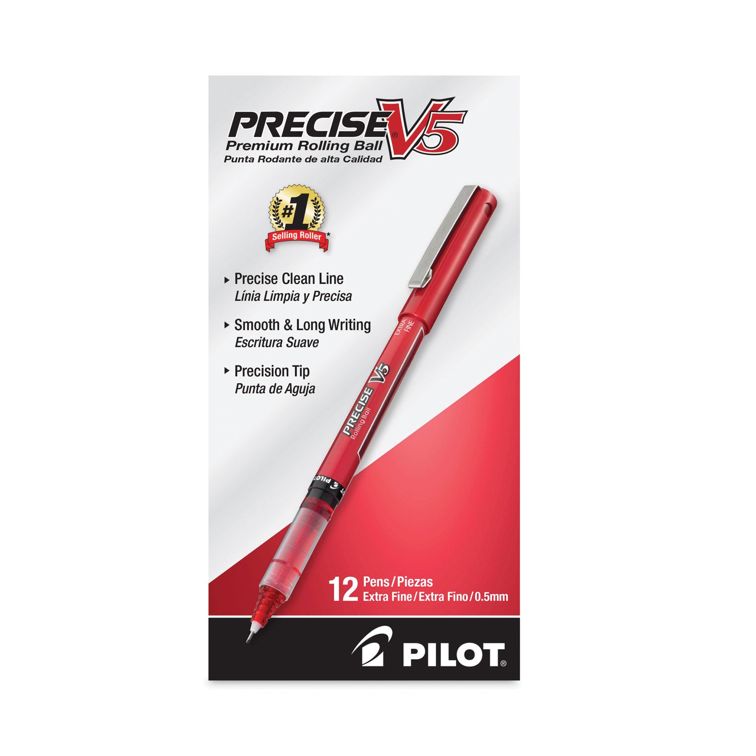 Pilot® Precise V5 Rollerball Pen, Stick, Extra-Fine 0.5 mm, Red Ink, Red/Clear Barrel, Dozen