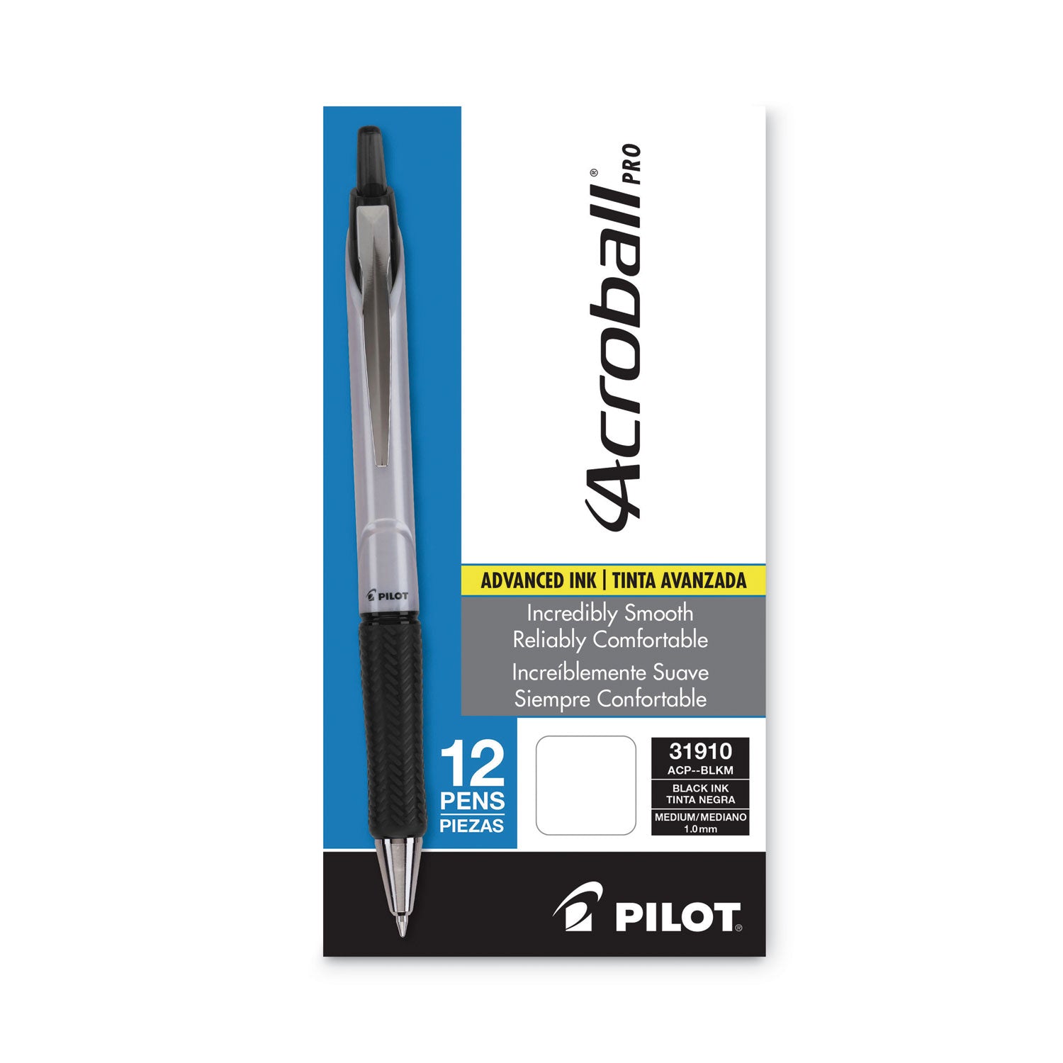 Pilot® Acroball Pro Advanced Ink Hybrid Gel Pen, Retractable, Medium 1 mm, Black Ink, Silver/Black Barrel, Dozen