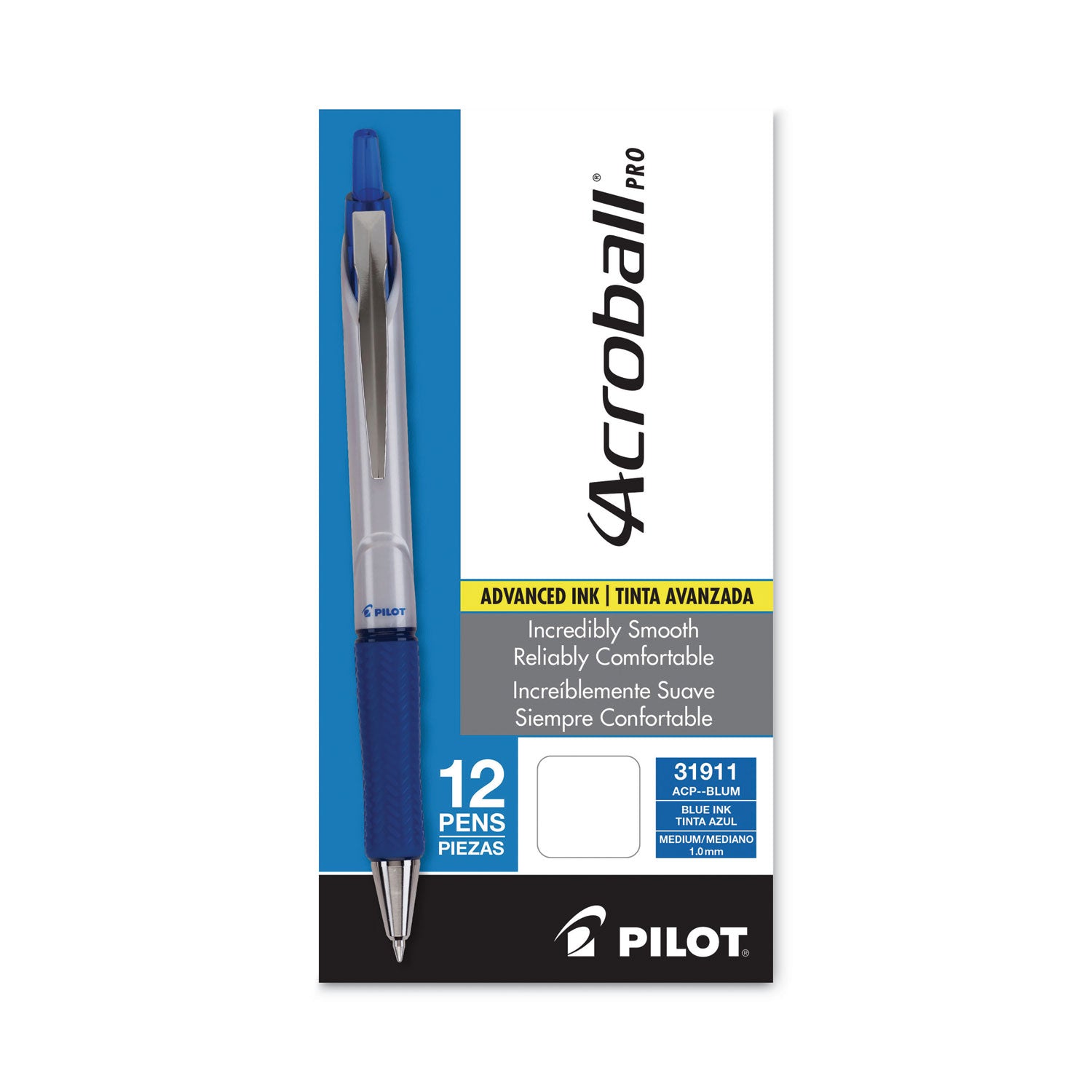 Pilot® Acroball Pro Advanced Ink Hybrid Gel Pen, Retractable, Medium 1 mm, Blue Ink, Silver/Blue Barrel, Dozen