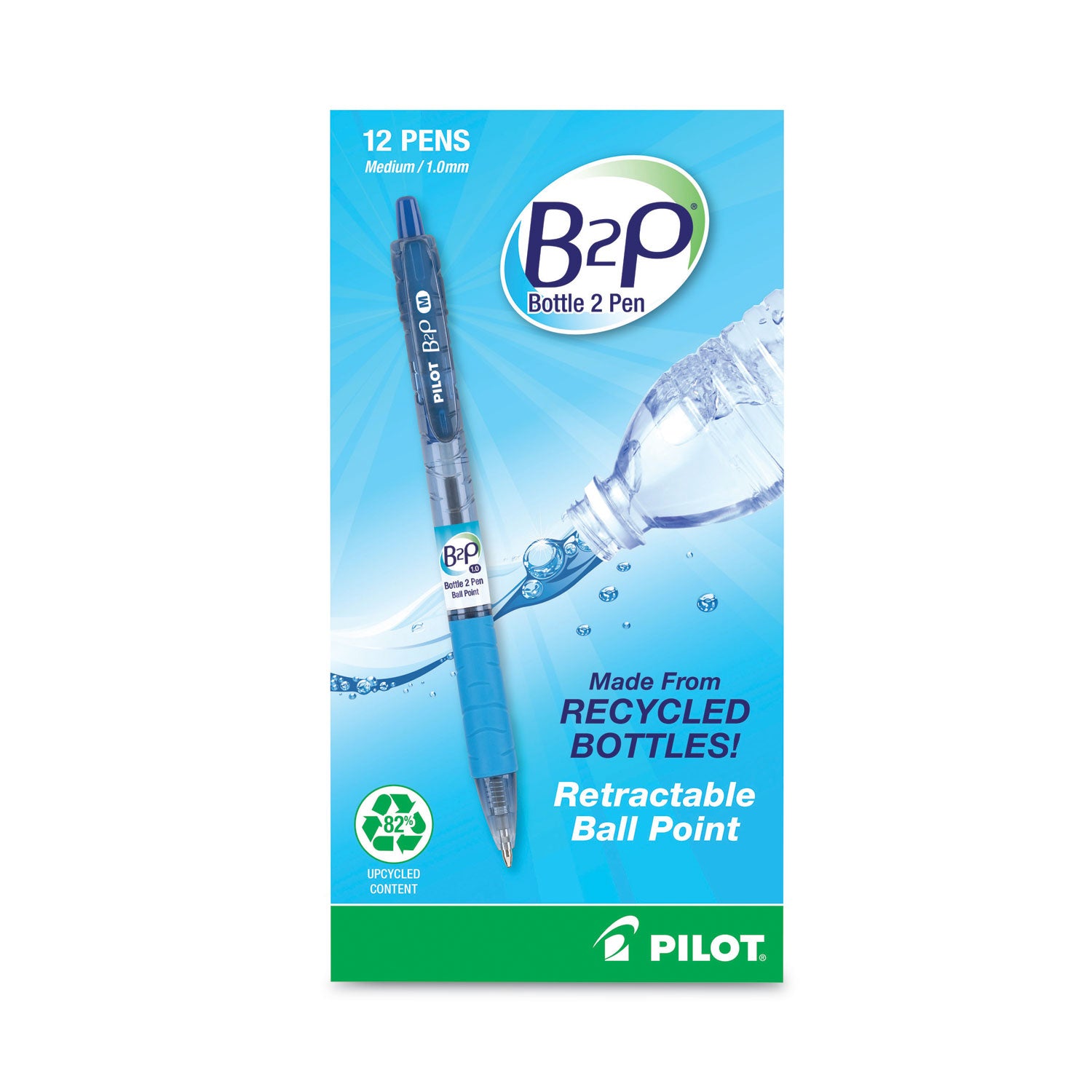Pilot® B2p Bottle-2-Pen Recycled Ballpoint Pen, Retractable, Medium 1 Mm, Blue Ink, Translucent Blue Barrel, Dozen