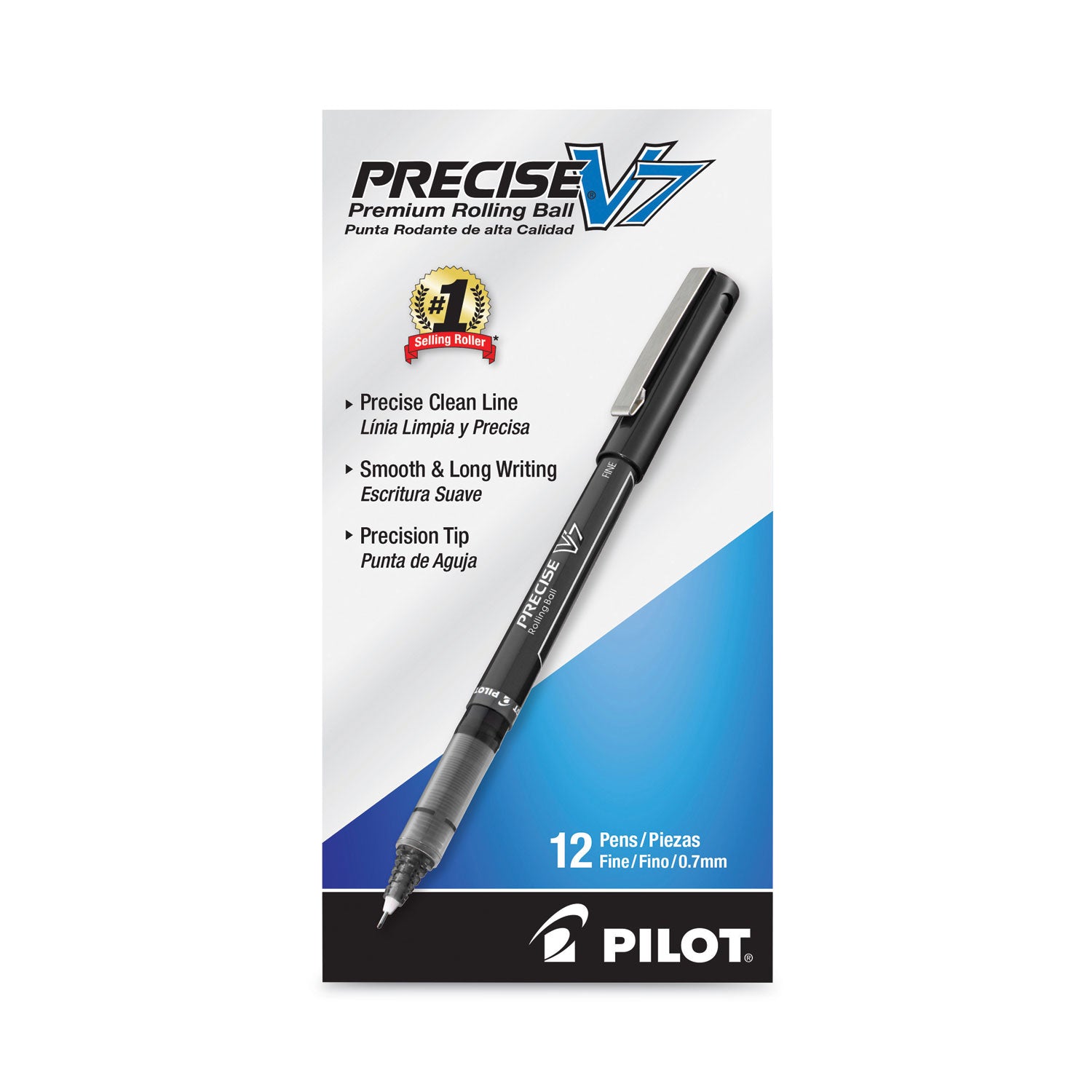 Pilot® Precise V7 Rollerball Pen, Stick, Fine 0.7 mm, Black Ink, Black/Clear Barrel, Dozen