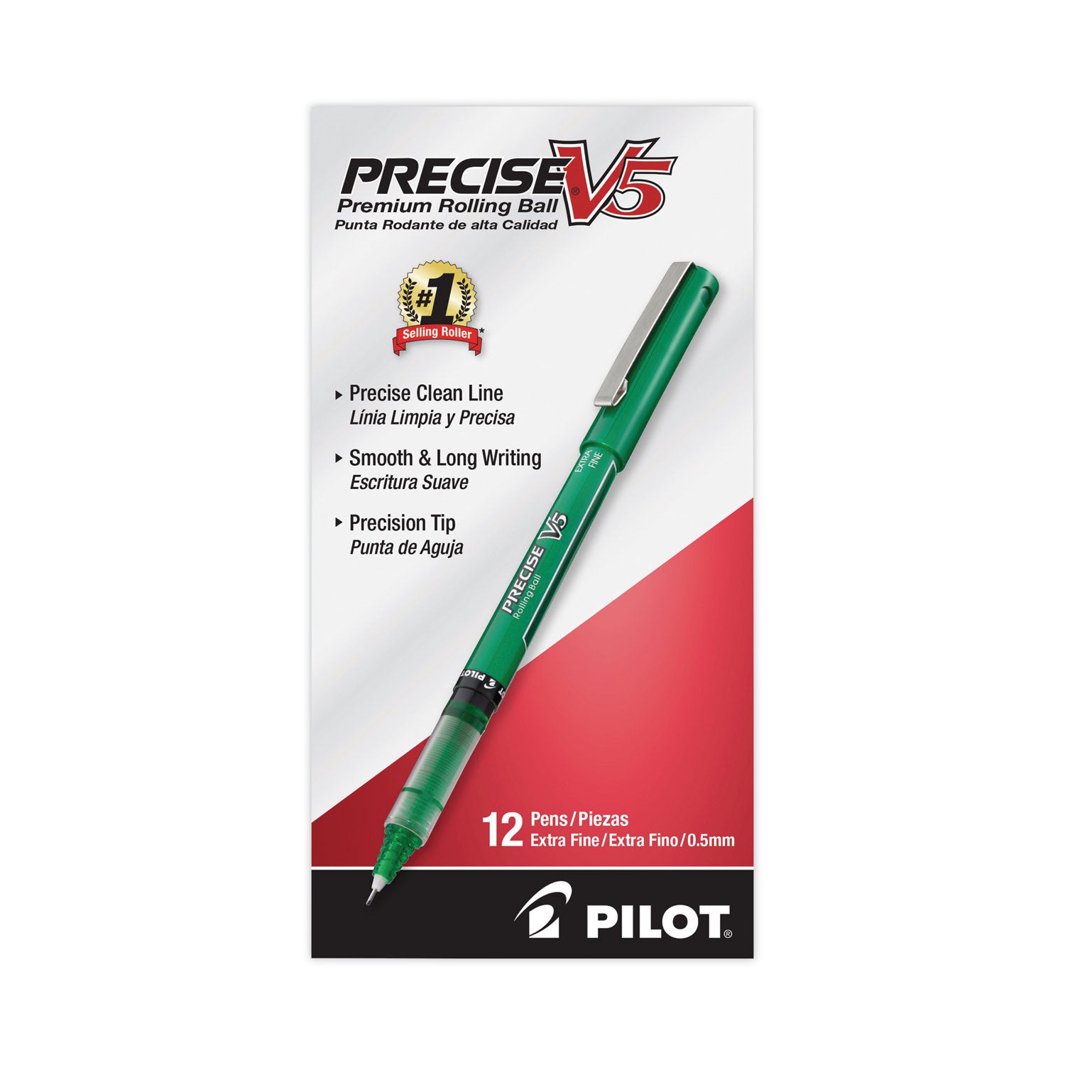 Pilot® Precise V5 Rollerball Pen, Stick, Extra-Fine 0.5 mm, Green Ink, Green/Clear Barrel, Dozen