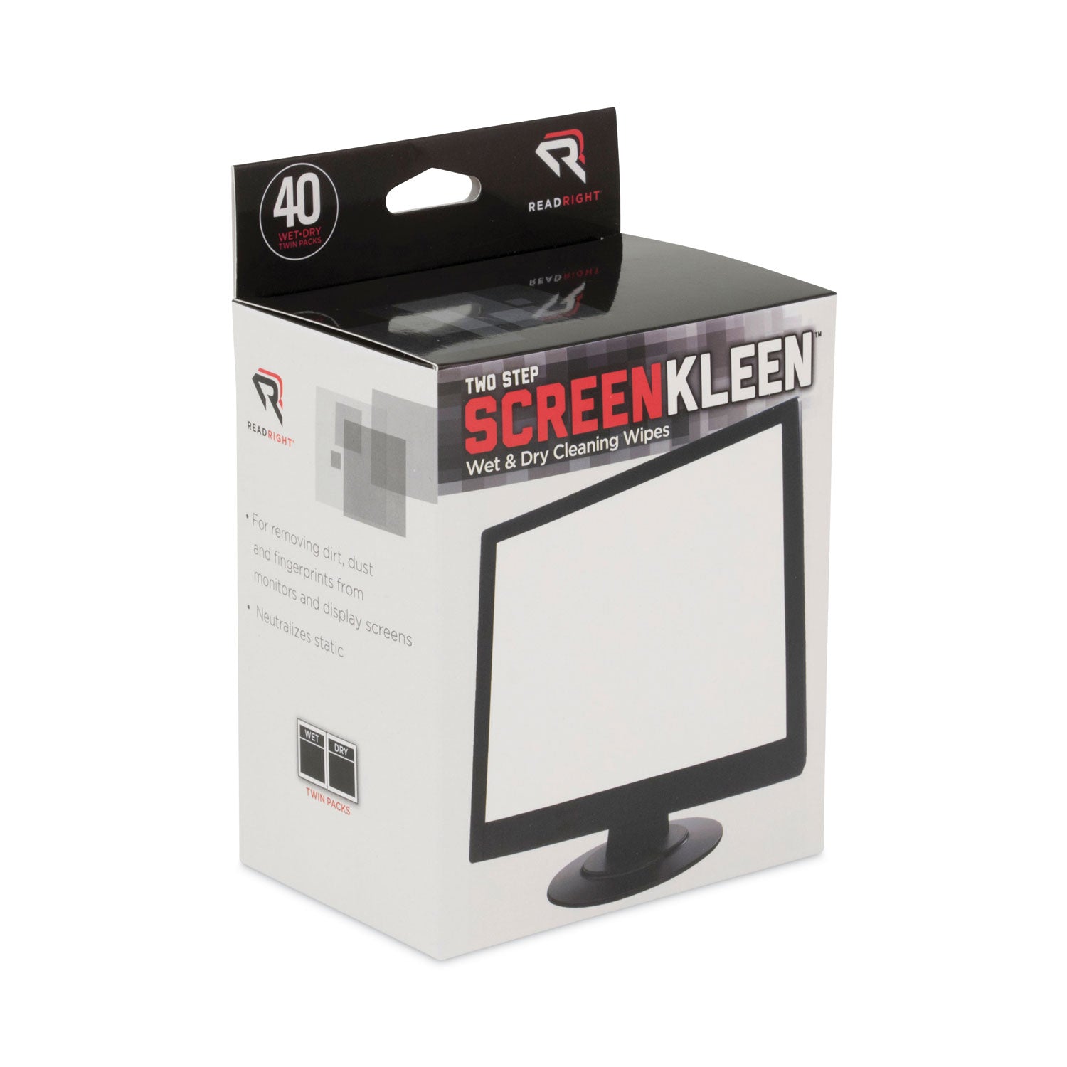 Read Right® Two Step ScreenKleen Wet and Dry Cleaning Wipes, 5 x 5, Unscented, 40/Box
