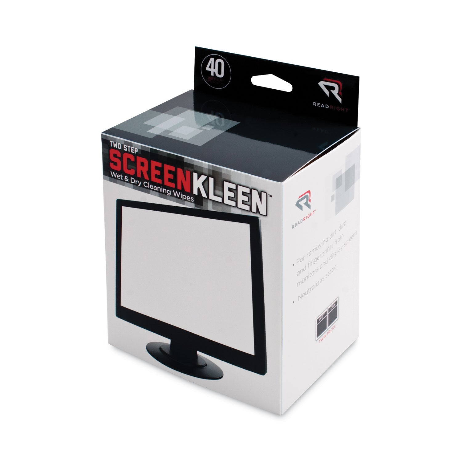 Read Right® Two Step ScreenKleen Wet and Dry Cleaning Wipes, 5 x 5, Unscented, 40/Box