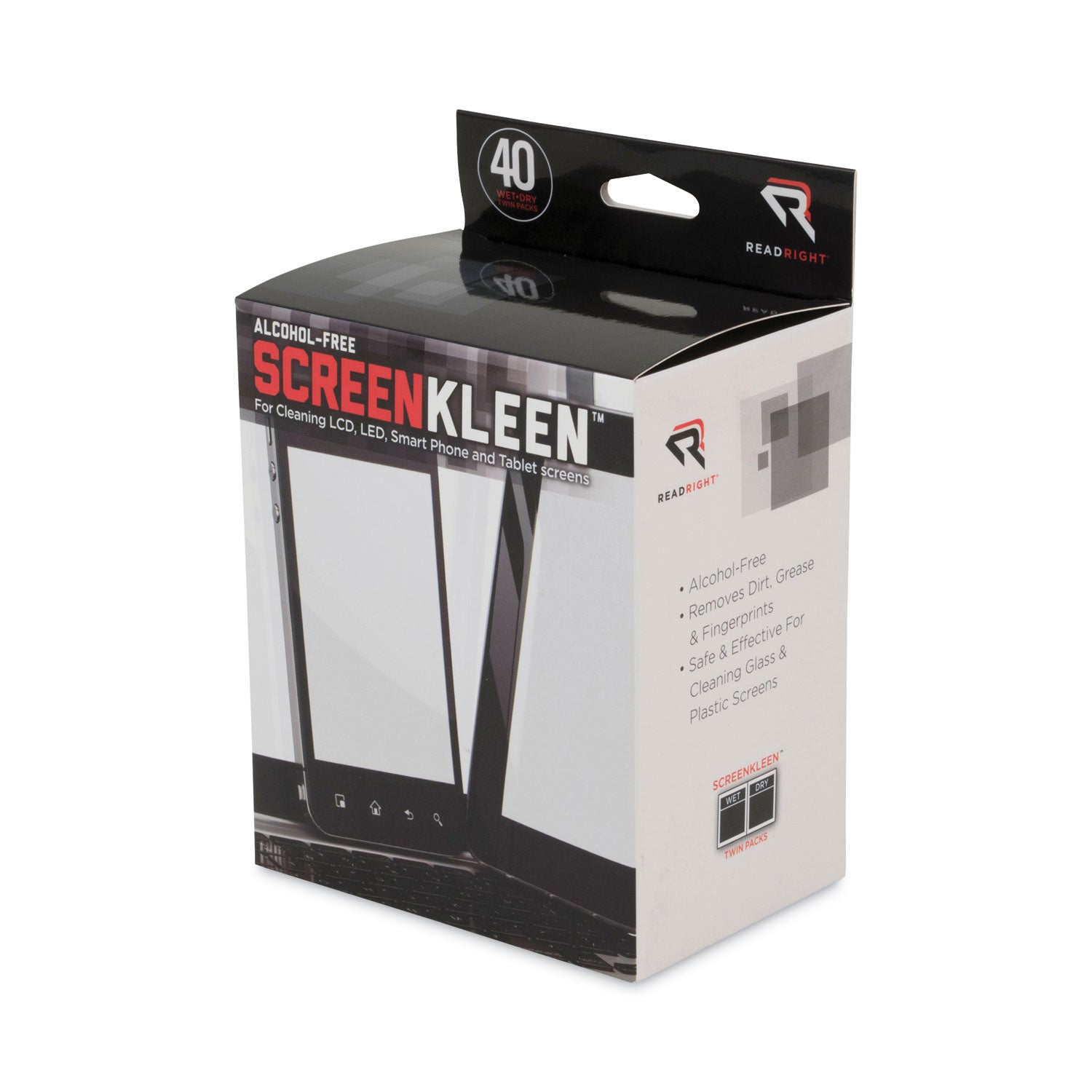 Read Right® ScreenKleen Alcohol-Free Wet Wipes, Cloth, 5 x 5, Unscented, 40/Box