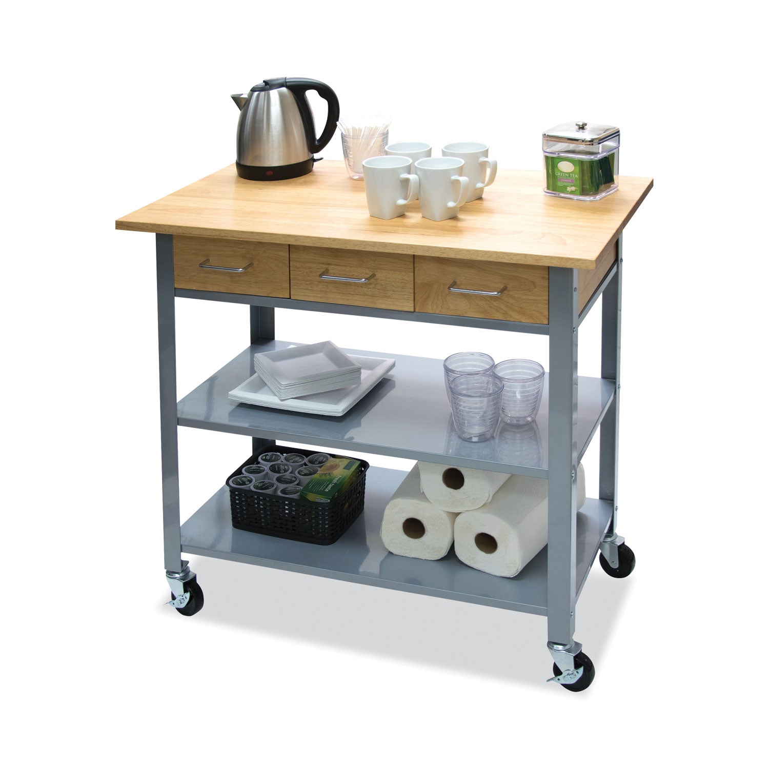 Vertiflex® Countertop Serving Cart, Wood, 3 Shelves, 3 Drawers, 35.5" x 19.75" x 34.25", Oak/Gray