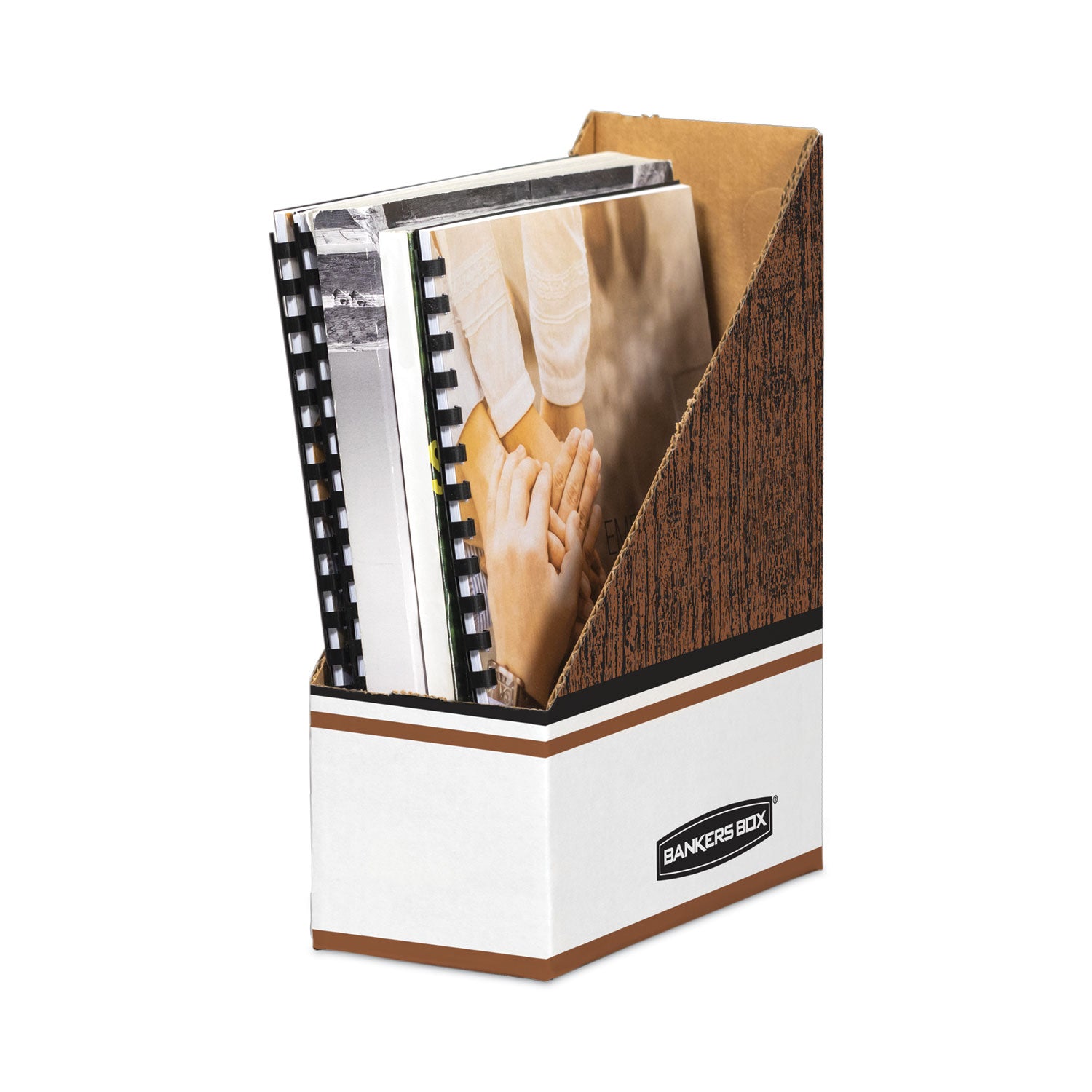 Bankers Box® Corrugated Cardboard Magazine File, 4 x 11 x 12.25, Wood Grain, 12/Carton