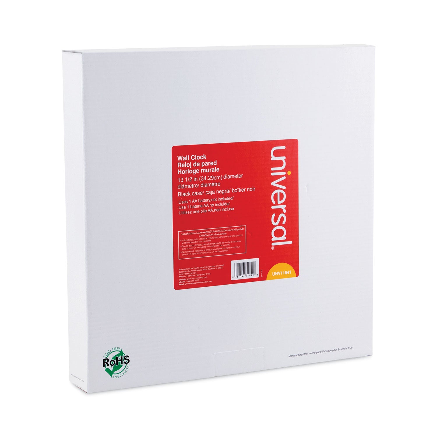 Universal® Round Wall Clock, 13.5" Overall Diameter, Black Case, 1 Aa (sold Separately)