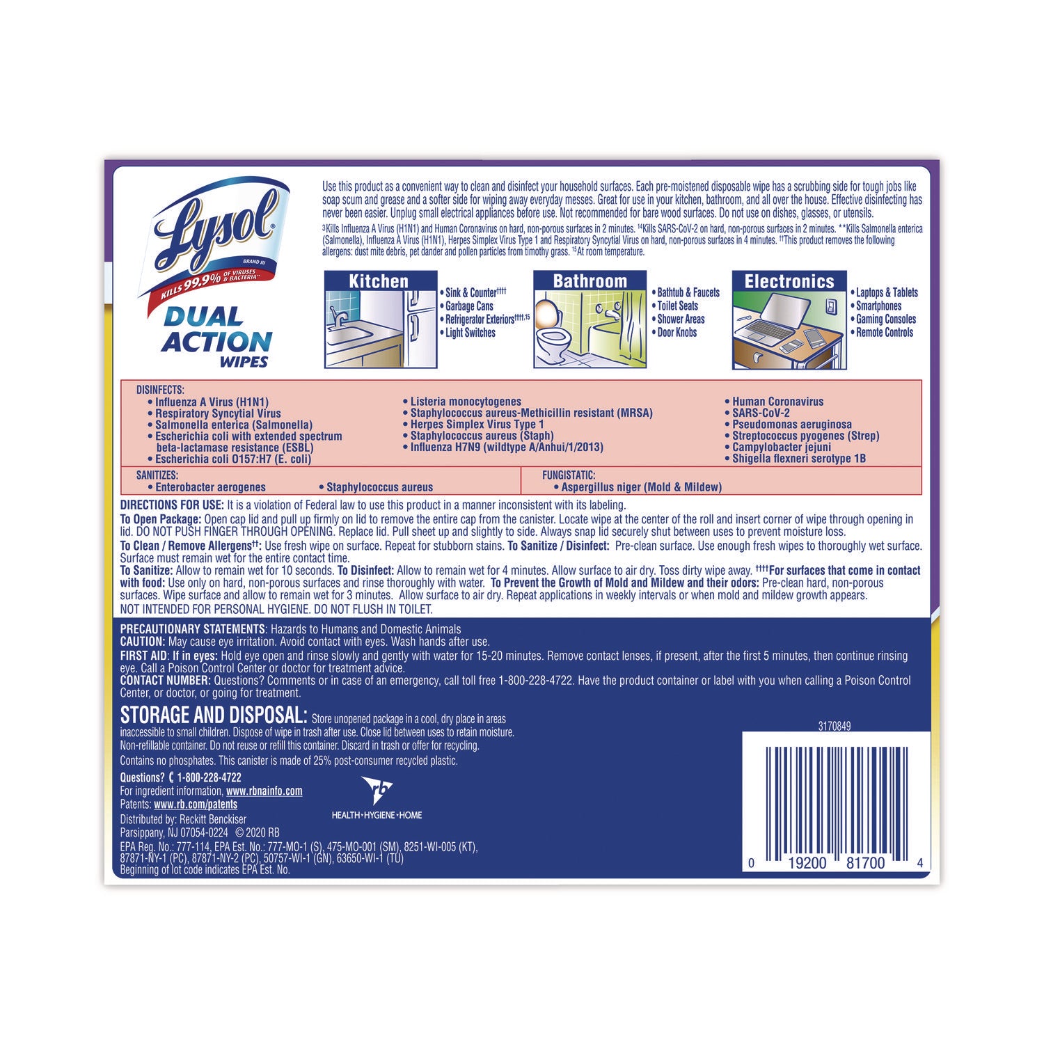 LYSOL® Brand Dual Action Disinfecting Wipes, 1-Ply, 7 x 7.5, Citrus, White/Purple, 75/Canister, 6 Canisters/Carton