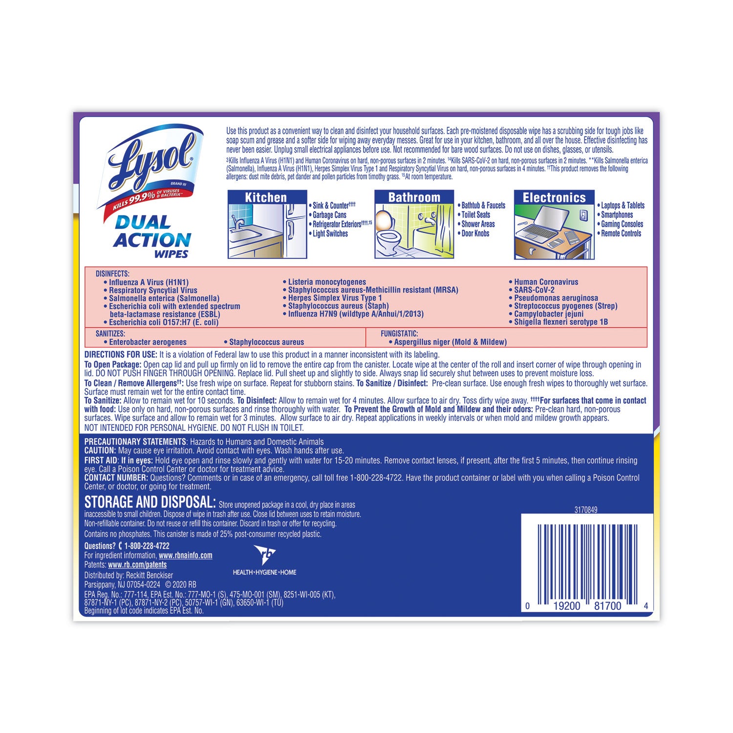 LYSOL® Brand Dual Action Disinfecting Wipes, 1-Ply, 7 x 7.5, Citrus, White/Purple, 75/Canister