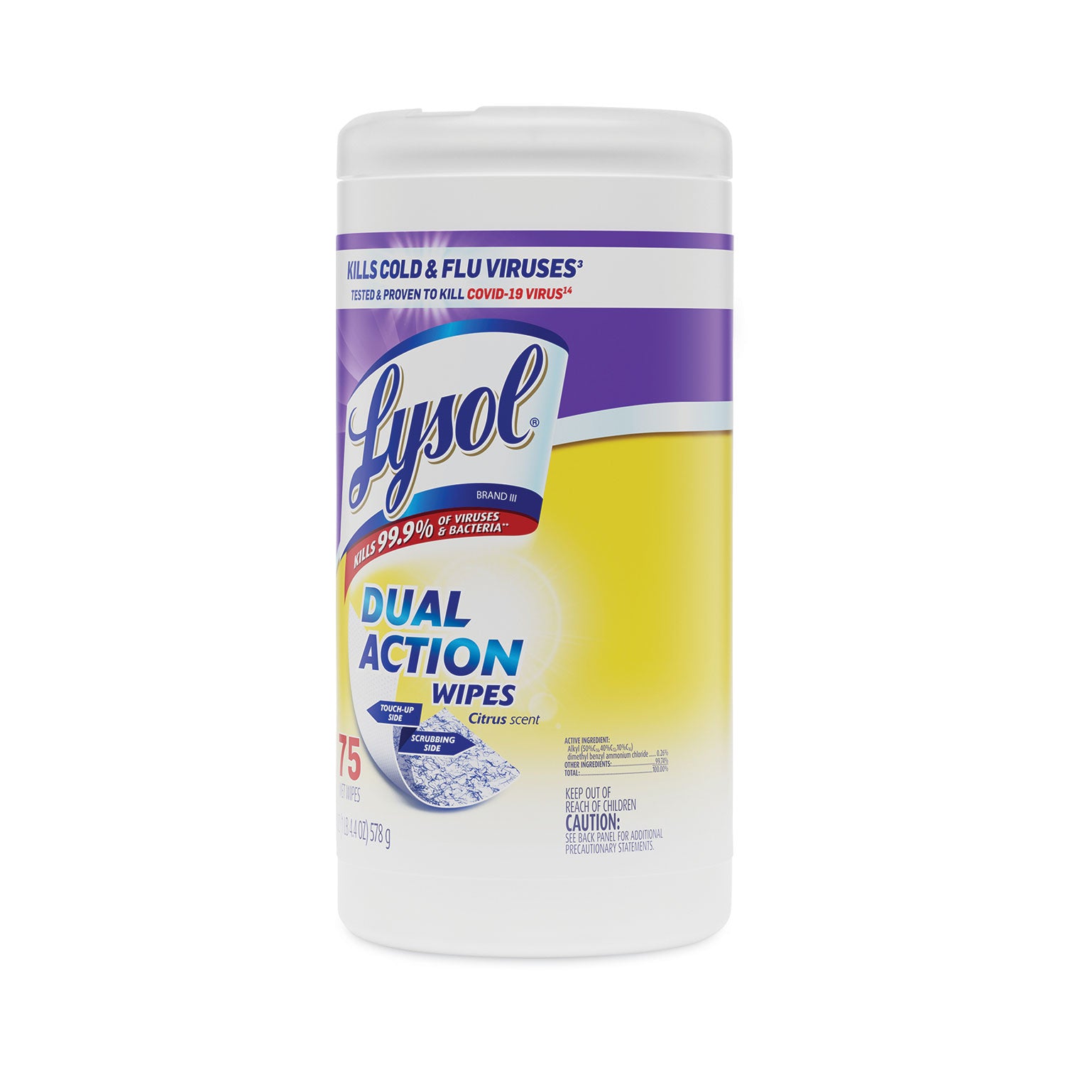 LYSOL® Brand Dual Action Disinfecting Wipes, 1-Ply, 7 x 7.5, Citrus, White/Purple, 75/Canister