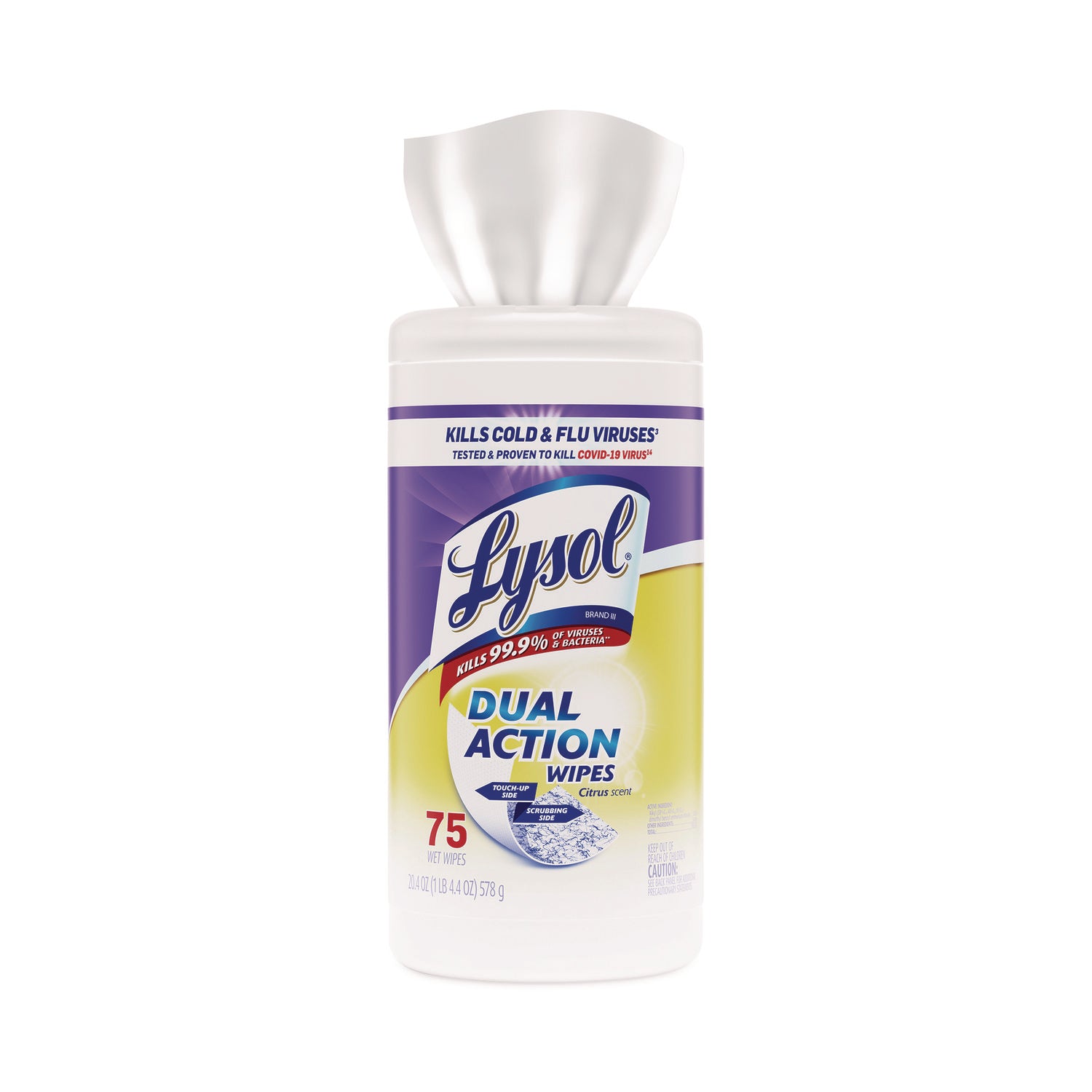 LYSOL® Brand Dual Action Disinfecting Wipes, 1-Ply, 7 x 7.5, Citrus, White/Purple, 75/Canister, 6 Canisters/Carton