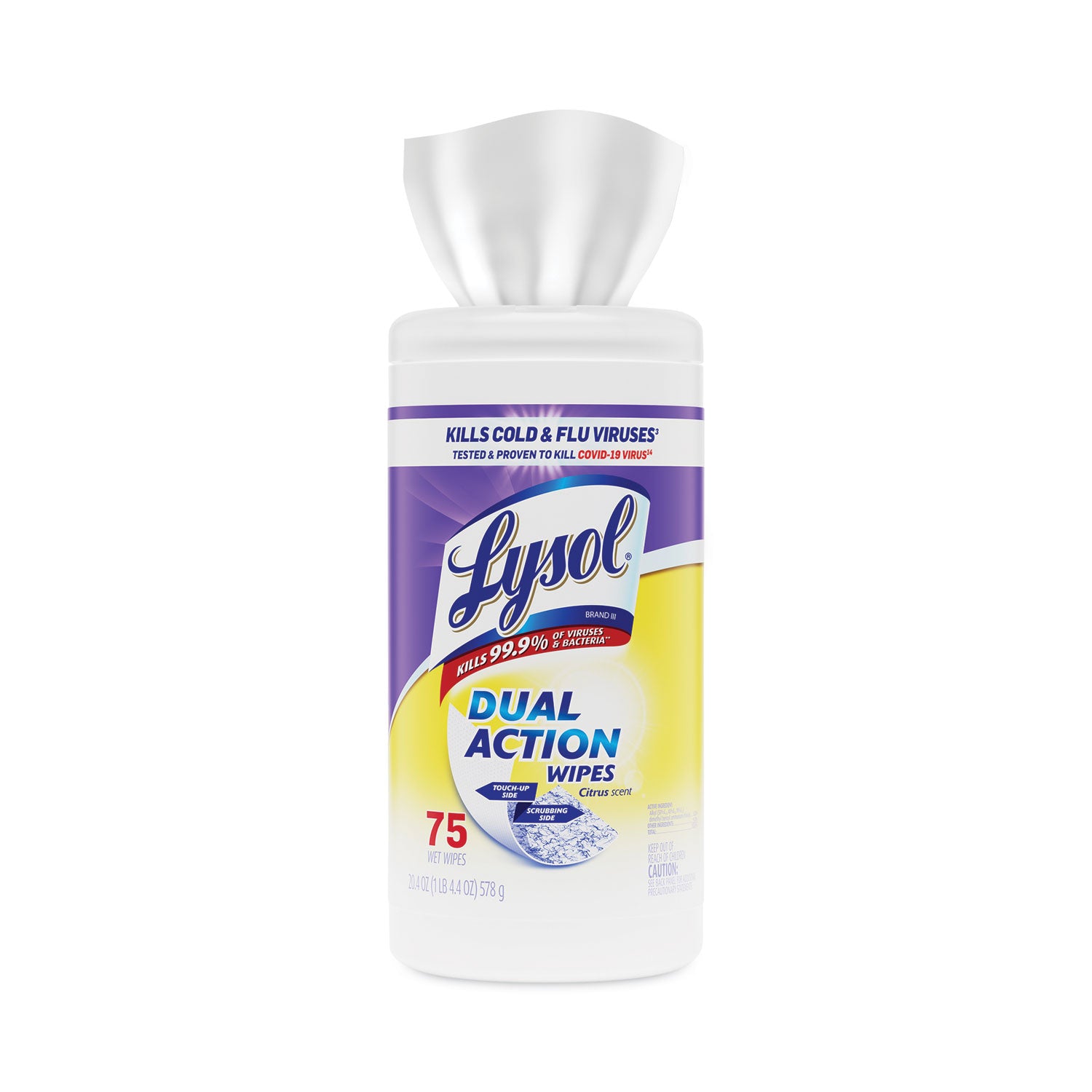 LYSOL® Brand Dual Action Disinfecting Wipes, 1-Ply, 7 x 7.5, Citrus, White/Purple, 75/Canister