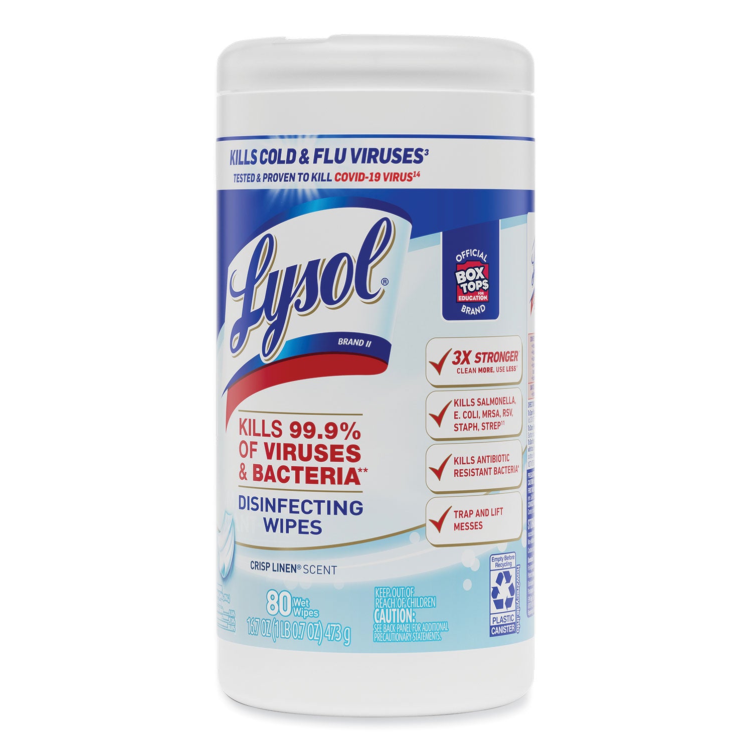 LYSOL® Brand Disinfecting Wipes, 1-Ply, 7 x 7.25, Crisp Linen, White, 80 Wipes/Canister