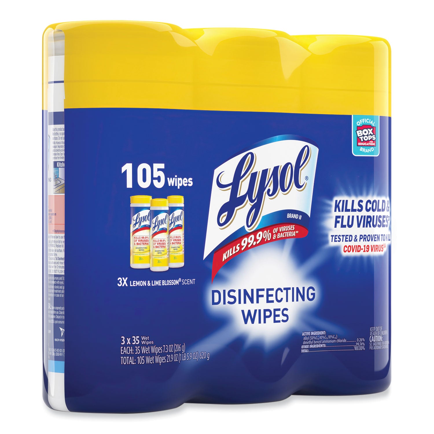 LYSOL® Brand Disinfecting Wipes, 1-Ply, 7 x 7.25, Lemon and Lime Blossom, White, 35 Wipes/Canister, 3 Canisters/Pack