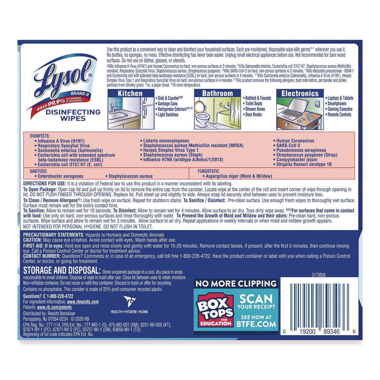 LYSOL® Brand Disinfecting Wipes, 1-Ply, 7 x 7.25, Crisp Linen, White, 80 Wipes/Canister
