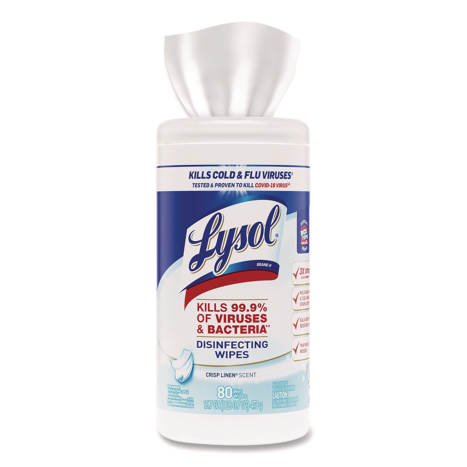 LYSOL® Brand Disinfecting Wipes, 1-Ply, 7 x 7.25, Crisp Linen, White, 80 Wipes/Canister