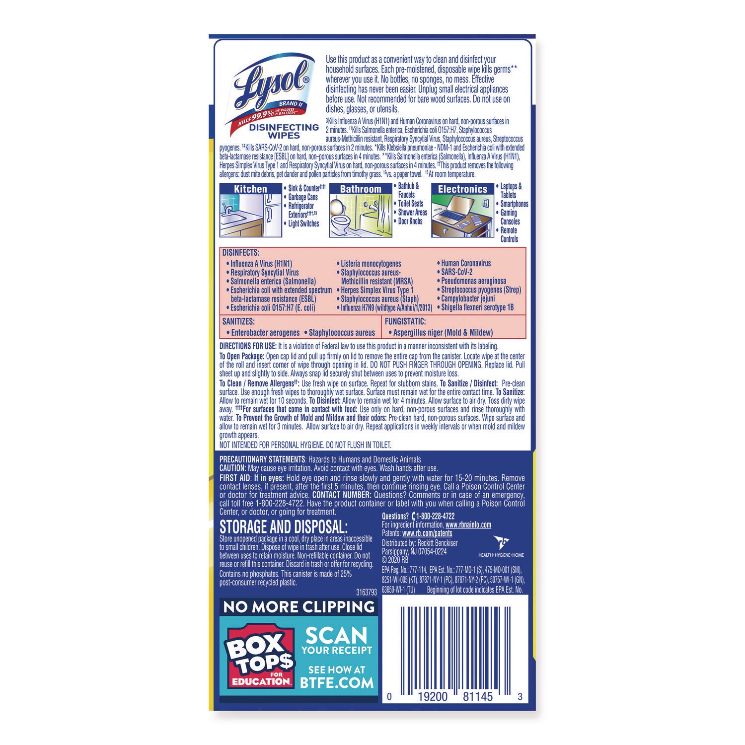 LYSOL® Brand Disinfecting Wipes, 1-Ply, 7 x 7.25, Lemon and Lime Blossom, White, 35 Wipes/Canister, 12 Canisters/Carton