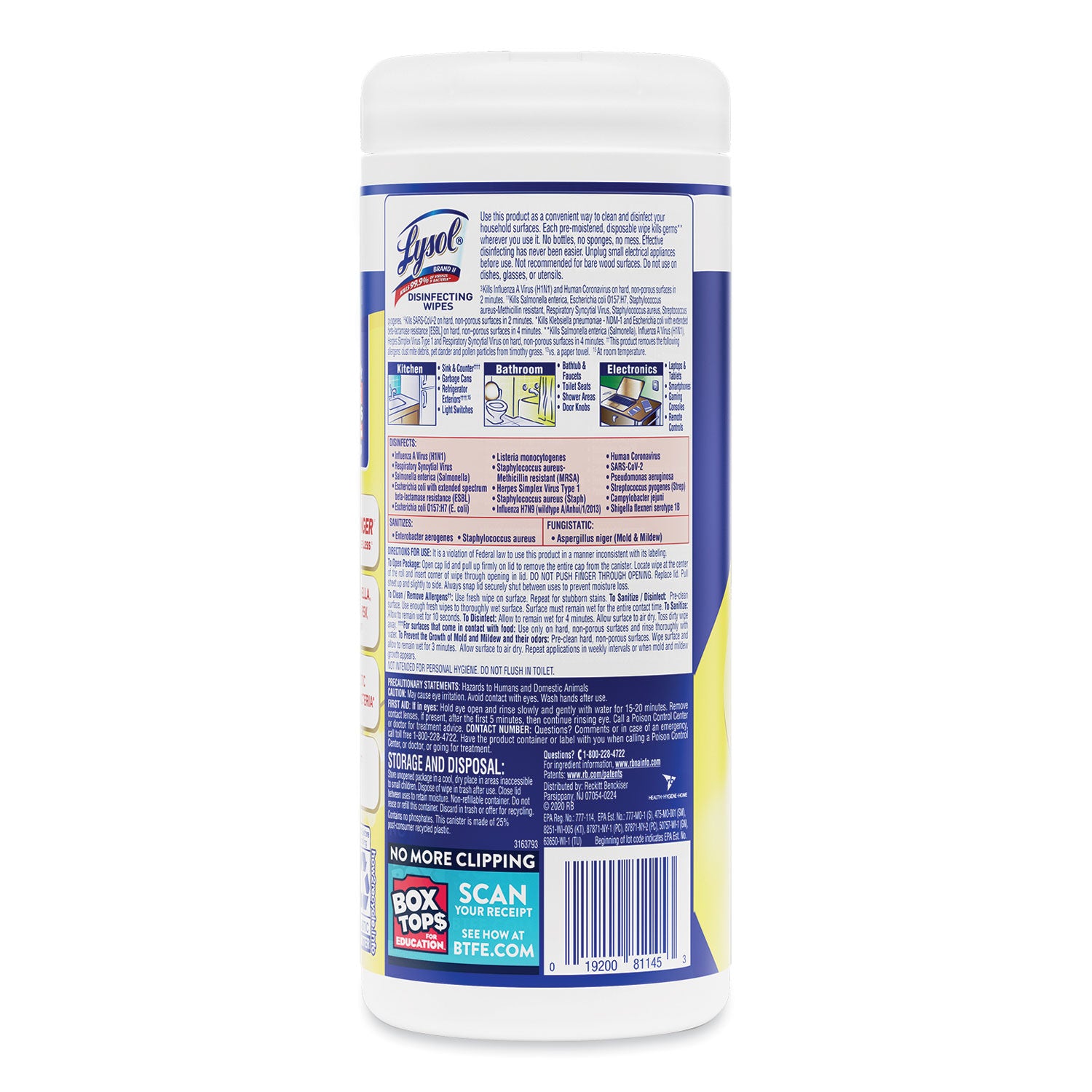 LYSOL® Brand Disinfecting Wipes, 1-Ply, 7 x 7.25, Lemon and Lime Blossom, White, 35 Wipes/Canister, 12 Canisters/Carton