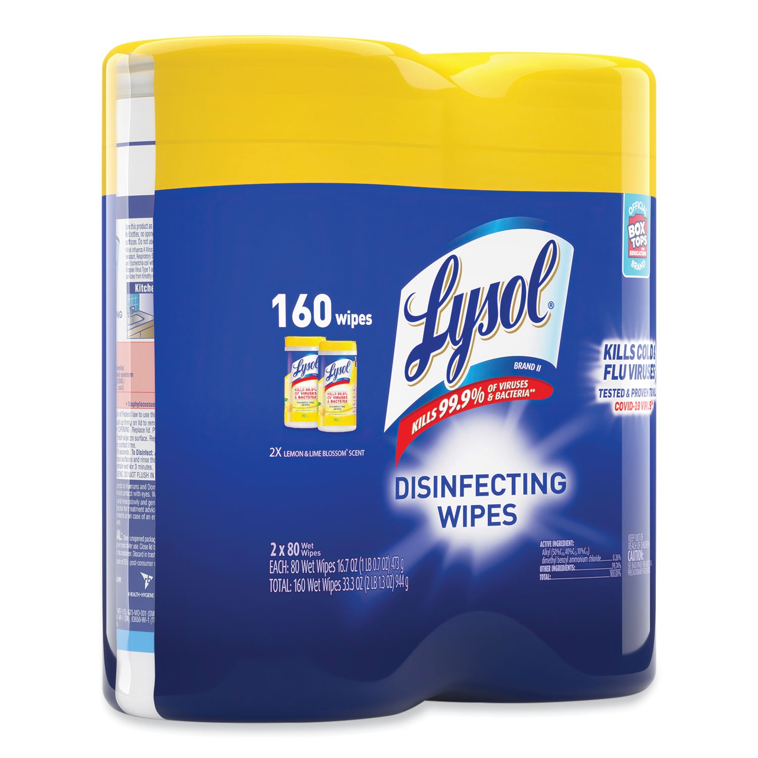 LYSOL® Brand Disinfecting Wipes, 1-Ply, 7 x 7.25, Lemon and Lime Blossom, White, 80 Wipes/Canister, 2 Canisters/Pack, 3 Packs/Carton