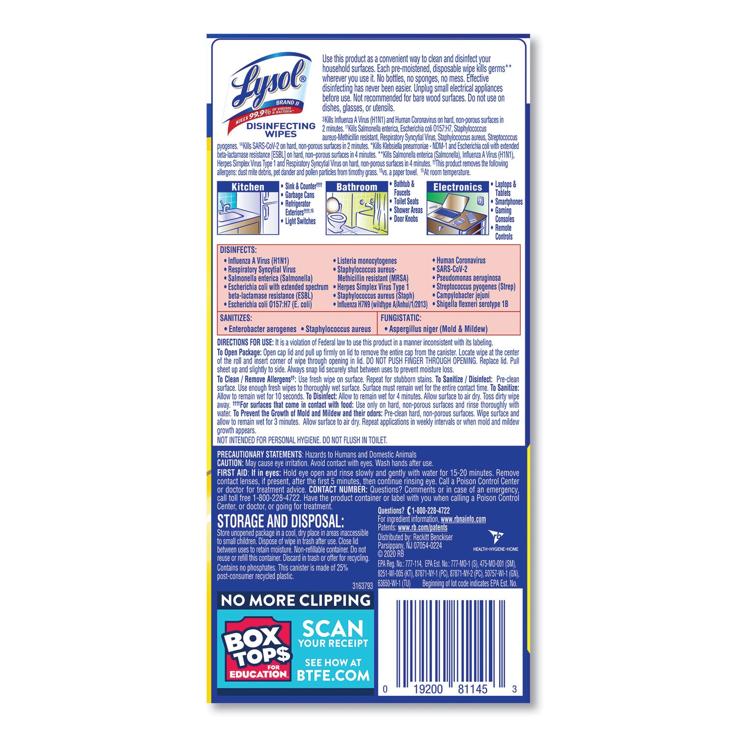 LYSOL® Brand Disinfecting Wipes, 1-Ply, 7 x 7.25, Lemon and Lime Blossom, White, 35 Wipes/Canister