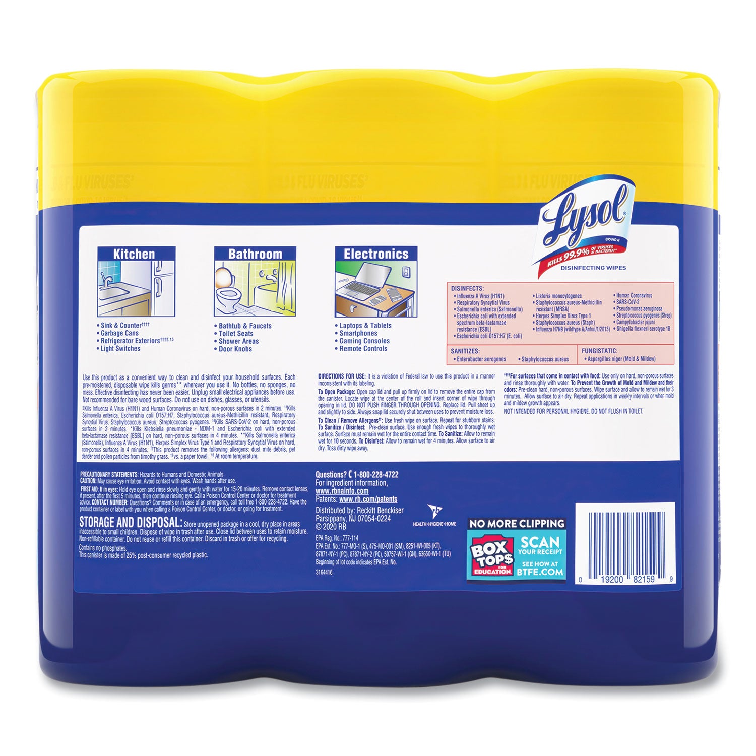 LYSOL® Brand Disinfecting Wipes, 1-Ply, 7 x 7.25, Lemon and Lime Blossom, White, 35 Wipes/Canister, 3 Canisters/Pack