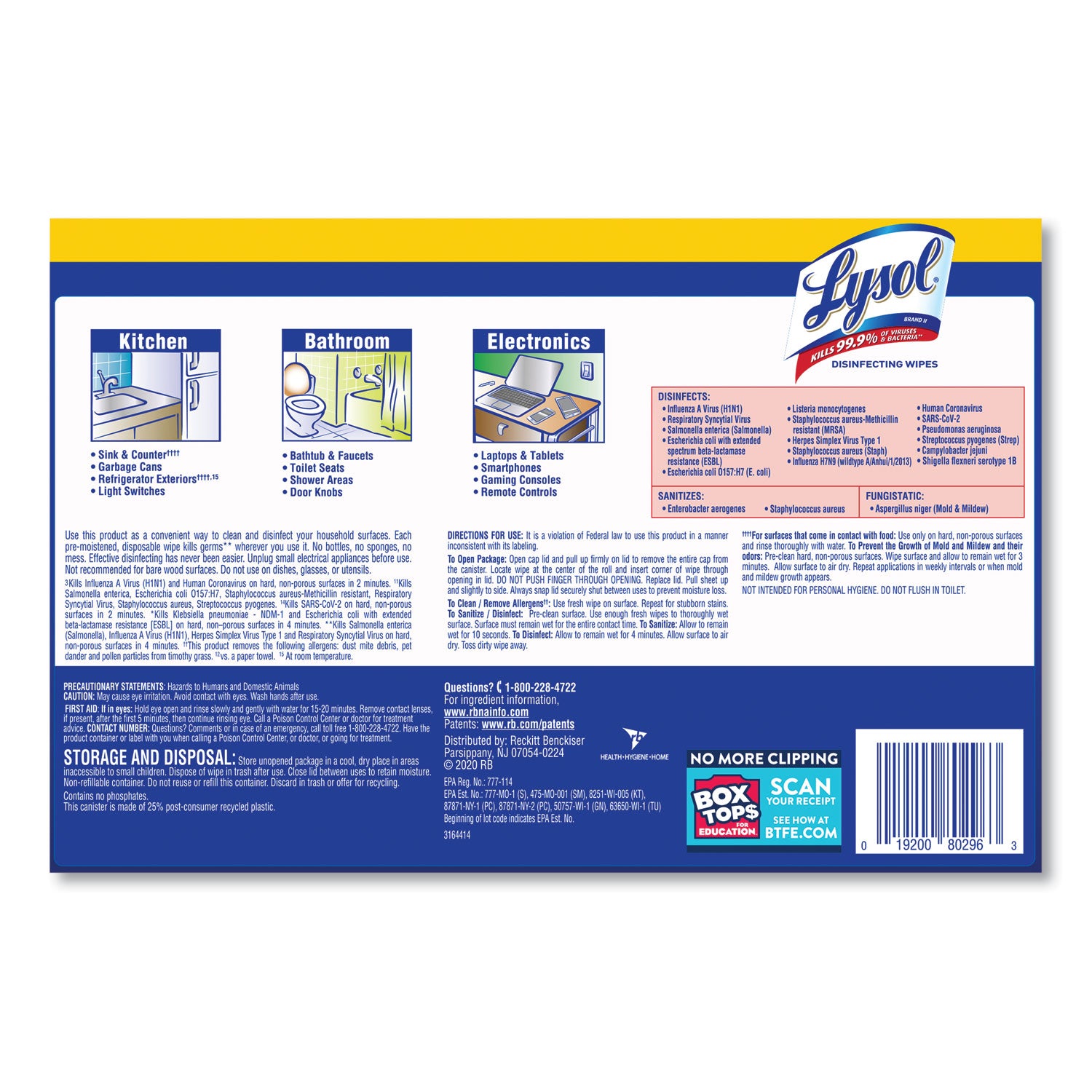 LYSOL® Brand Disinfecting Wipes, 1-Ply, 7 x 7.25, Lemon and Lime Blossom, White, 80 Wipes/Canister, 2 Canisters/Pack, 3 Packs/Carton