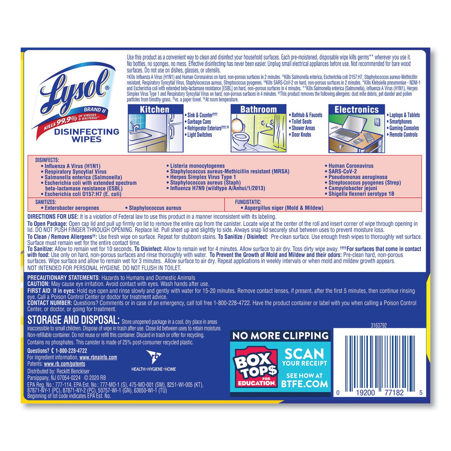 LYSOL® Brand Disinfecting Wipes, 1-Ply, 7 x 7.25, Lemon and Lime Blossom, White, 80 Wipes/Canister, 6 Canisters/Carton