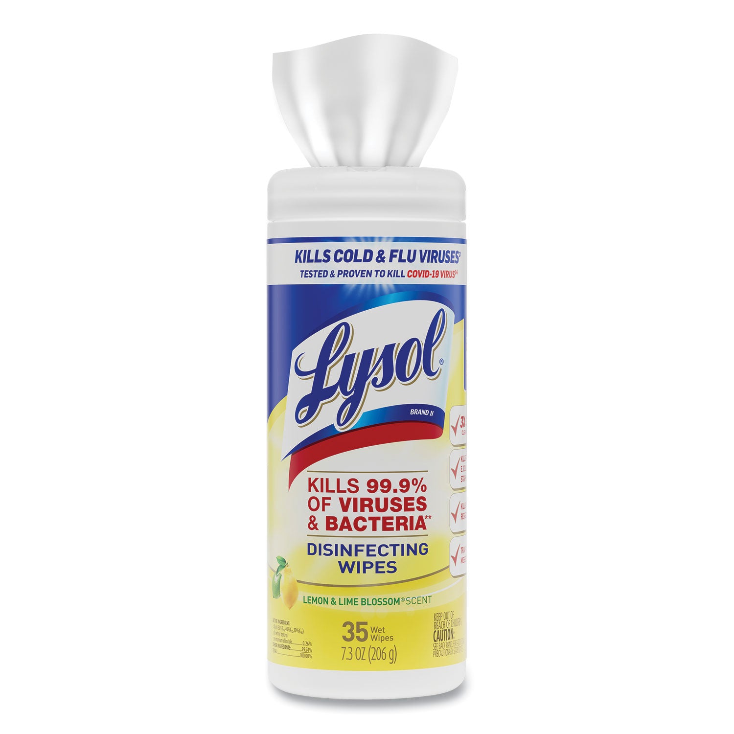 LYSOL® Brand Disinfecting Wipes, 1-Ply, 7 x 7.25, Lemon and Lime Blossom, White, 35 Wipes/Canister