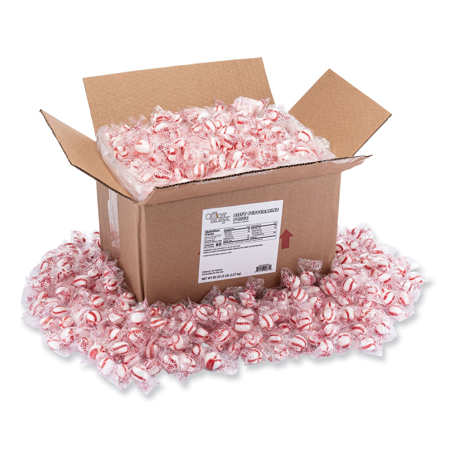 Office Snax® Candy Assortments, Peppermint Puffs Candy, 5 lb Carton