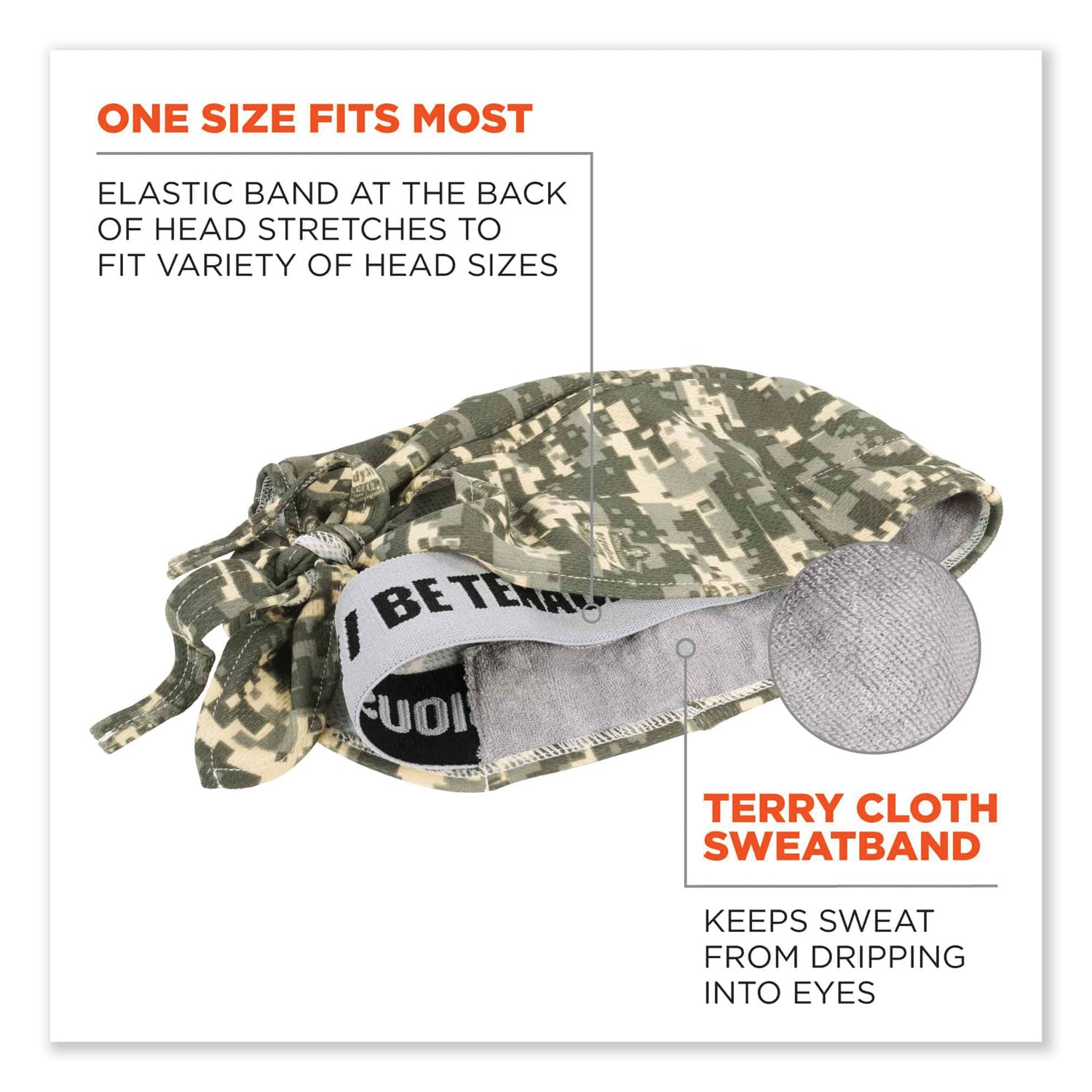Ergodyne® Chill-Its 6615 High-Performance Bandana Doo Rag with Terry Cloth Sweatband, One Size Fits Most, Camo