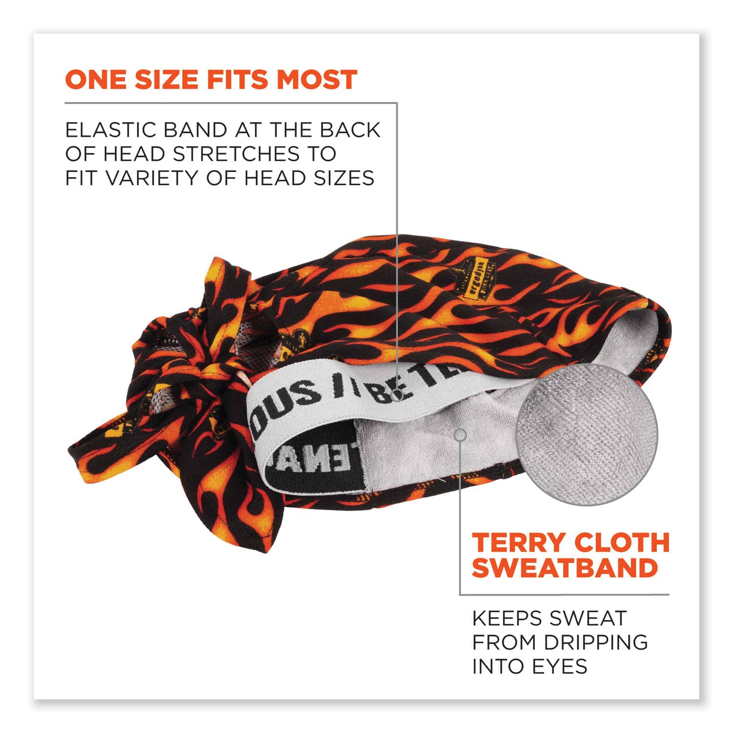 Ergodyne® Chill-Its 6615 High-Performance Bandana Doo Rag with Terry Cloth Sweatband, One Size Fits Most, Flames