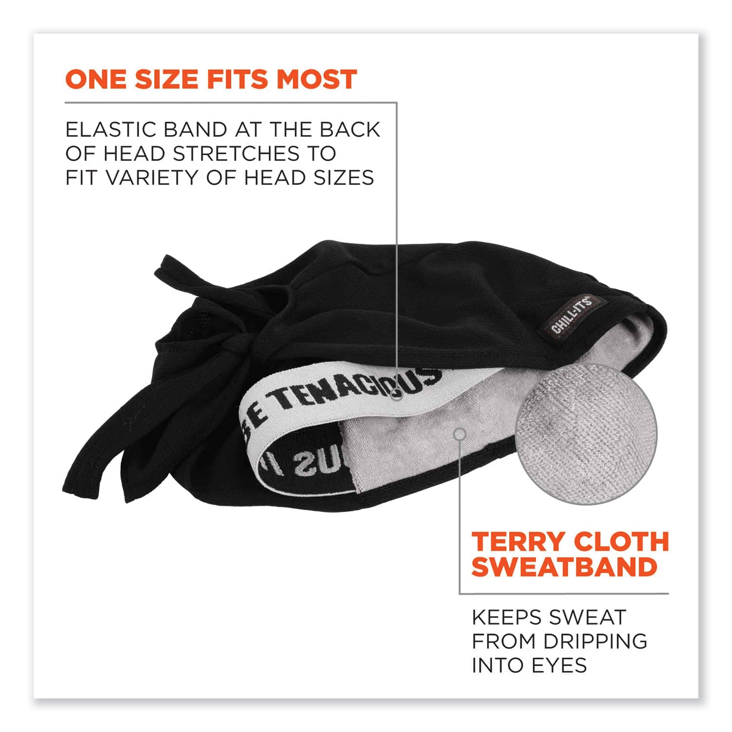 Ergodyne® Chill-Its 6615 High-Performance Bandana Doo Rag with Terry Cloth Sweatband, One Size Fits Most, Black