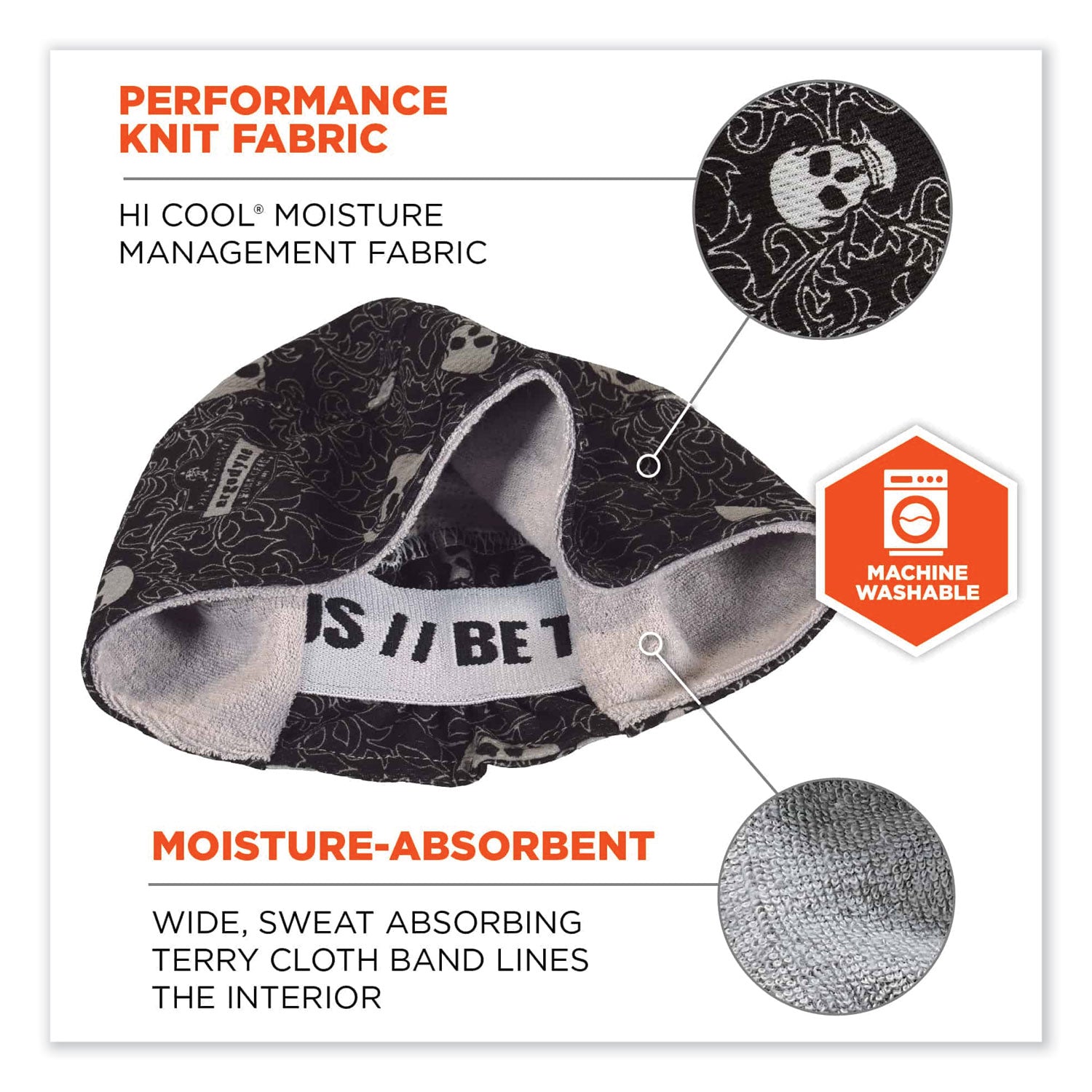 ergodyne® Chill-Its 6630 High-Performance Terry Cloth Skull Cap, Polyester, One Size Fits Most, Skulls