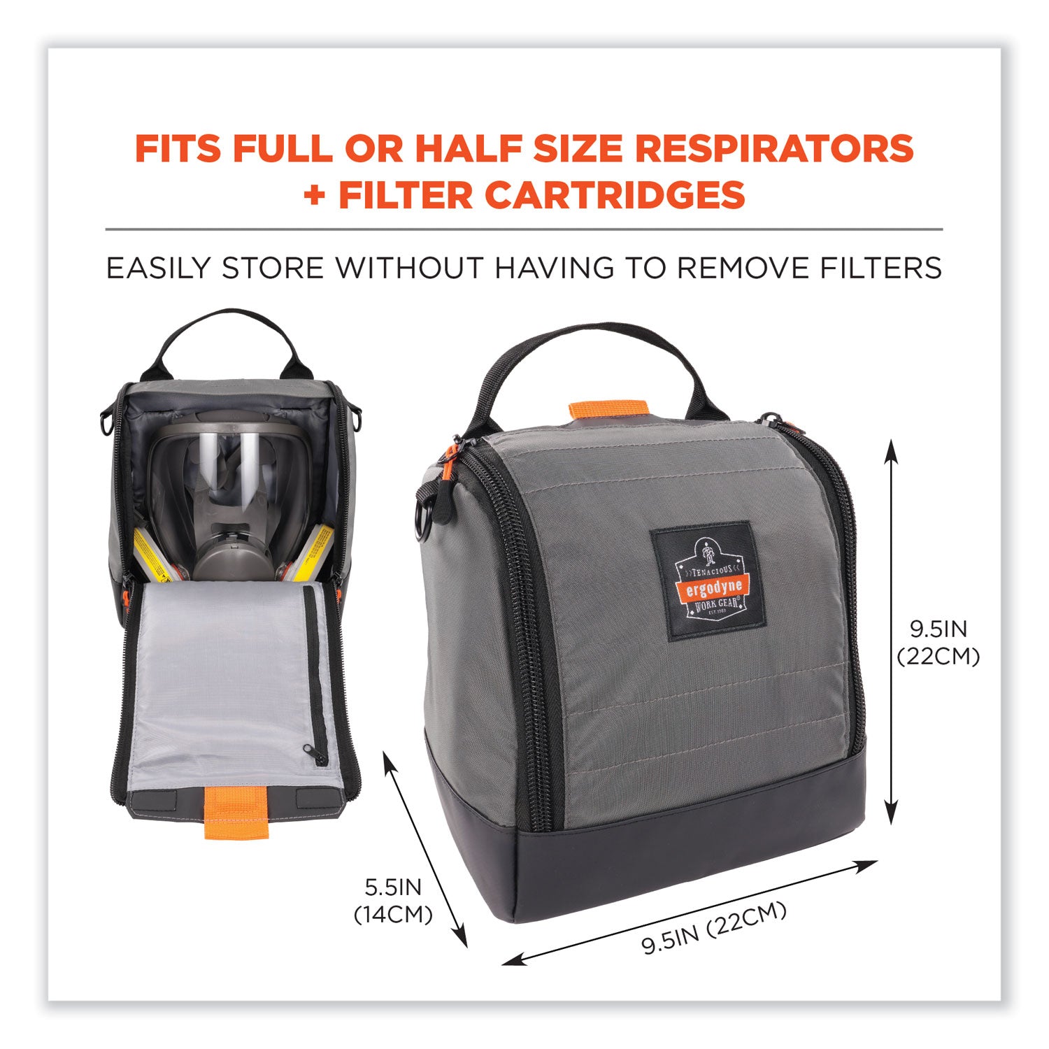 ergodyne® Arsenal 5185 Full Respirator Bag with Zipper Magnetic Closure, 5.5 x 9.5 x 9.5, Gray