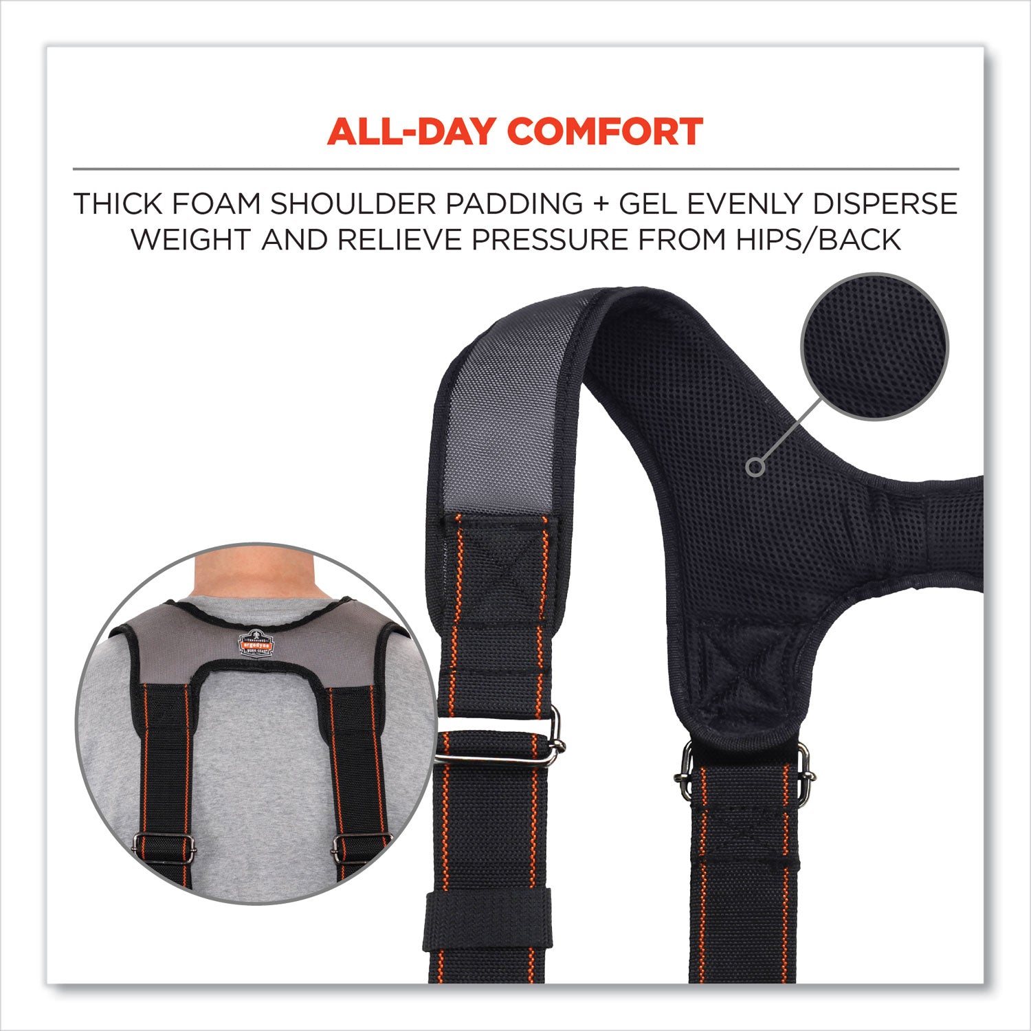 ergodyne® Arsenal 5560 Padded Tool Belt Suspenders, 36" to 48" Waist, 3" Wide, Polyester, Gray