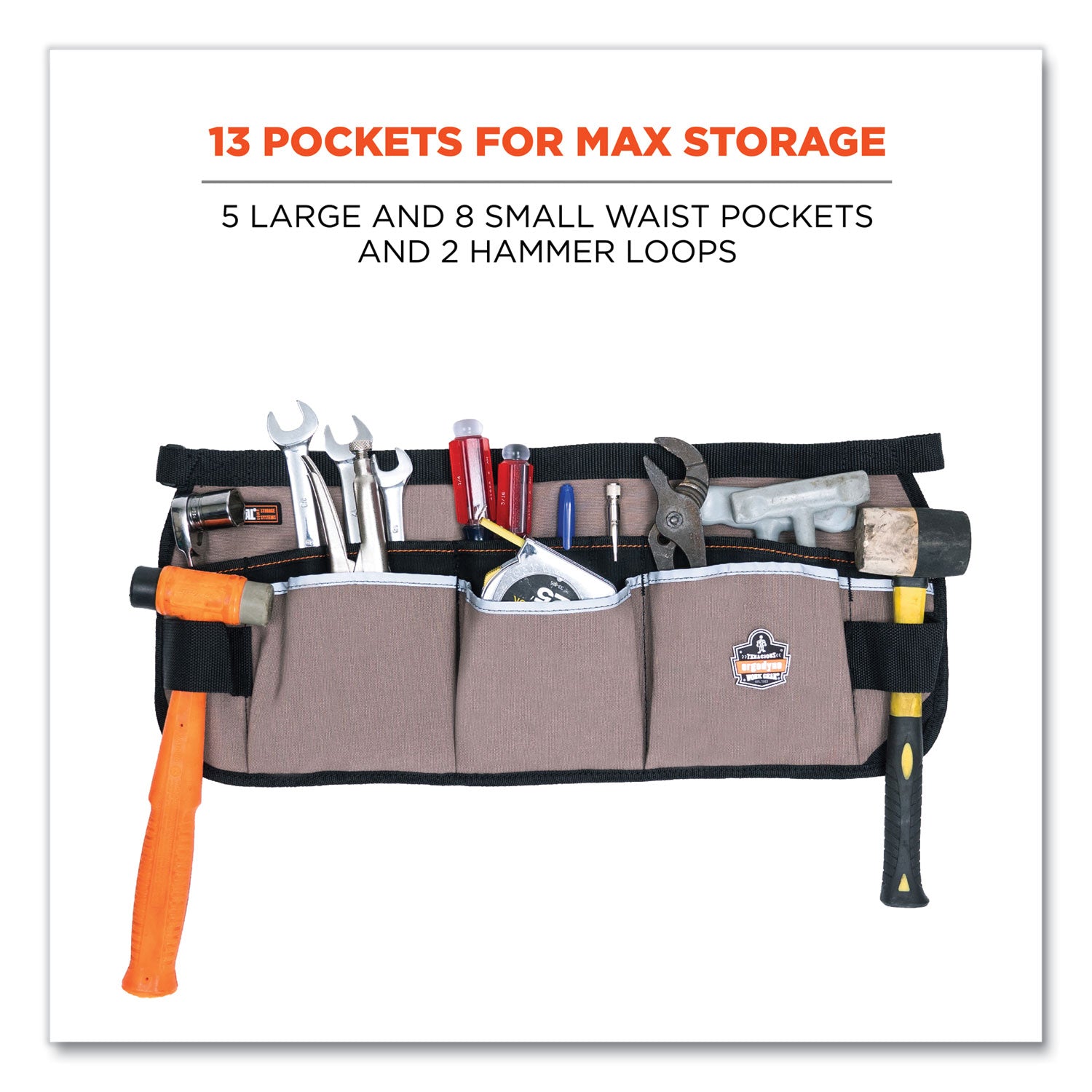 ergodyne® Arsenal 5706 13-Pocket Waist Apron, 13 Compartments, 23 x 9, Canvas, Gray