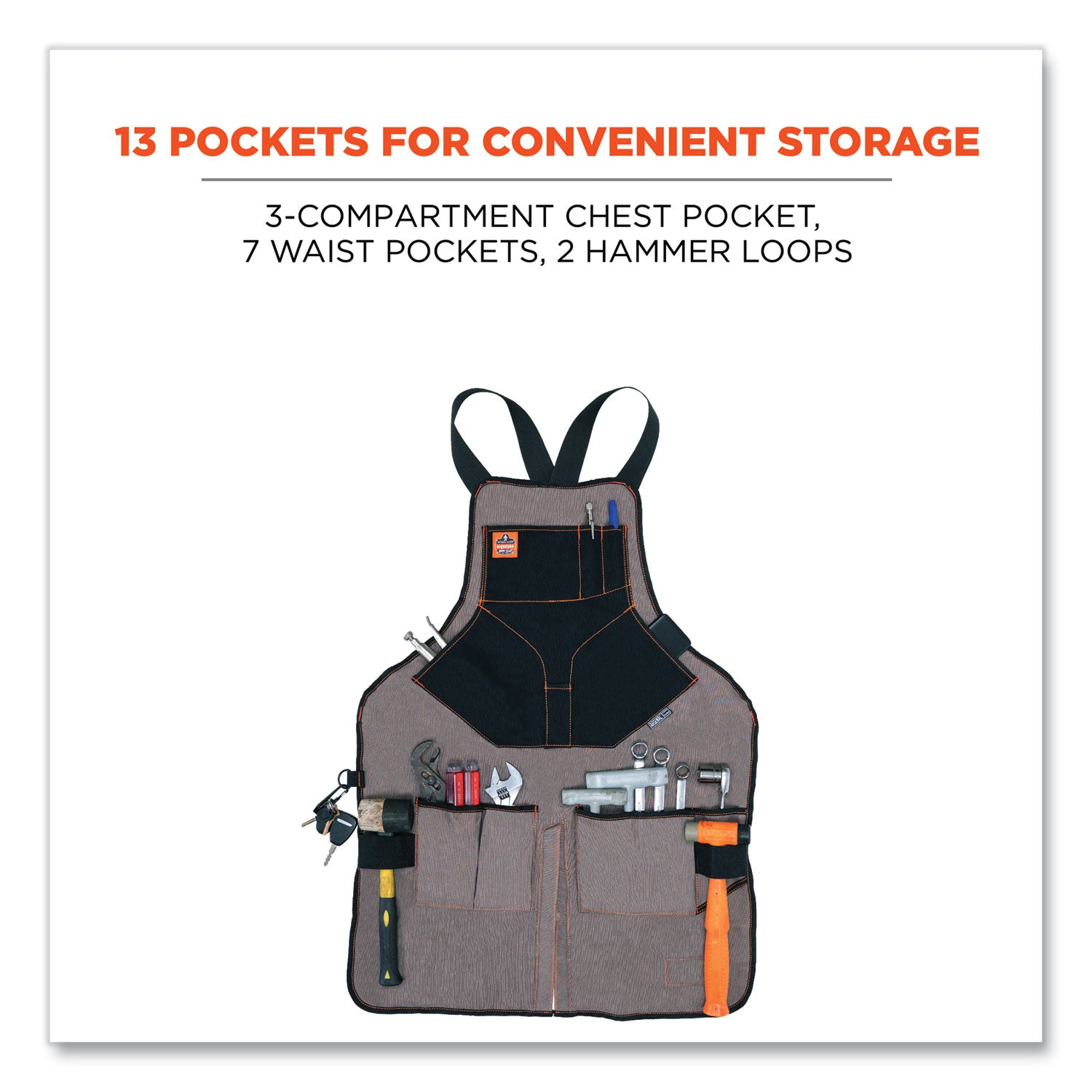 ergodyne® Arsenal 5705 Extended Length Canvas Tool Apron, 13 Compartments, 25.5 x 34, Canvas, Gray