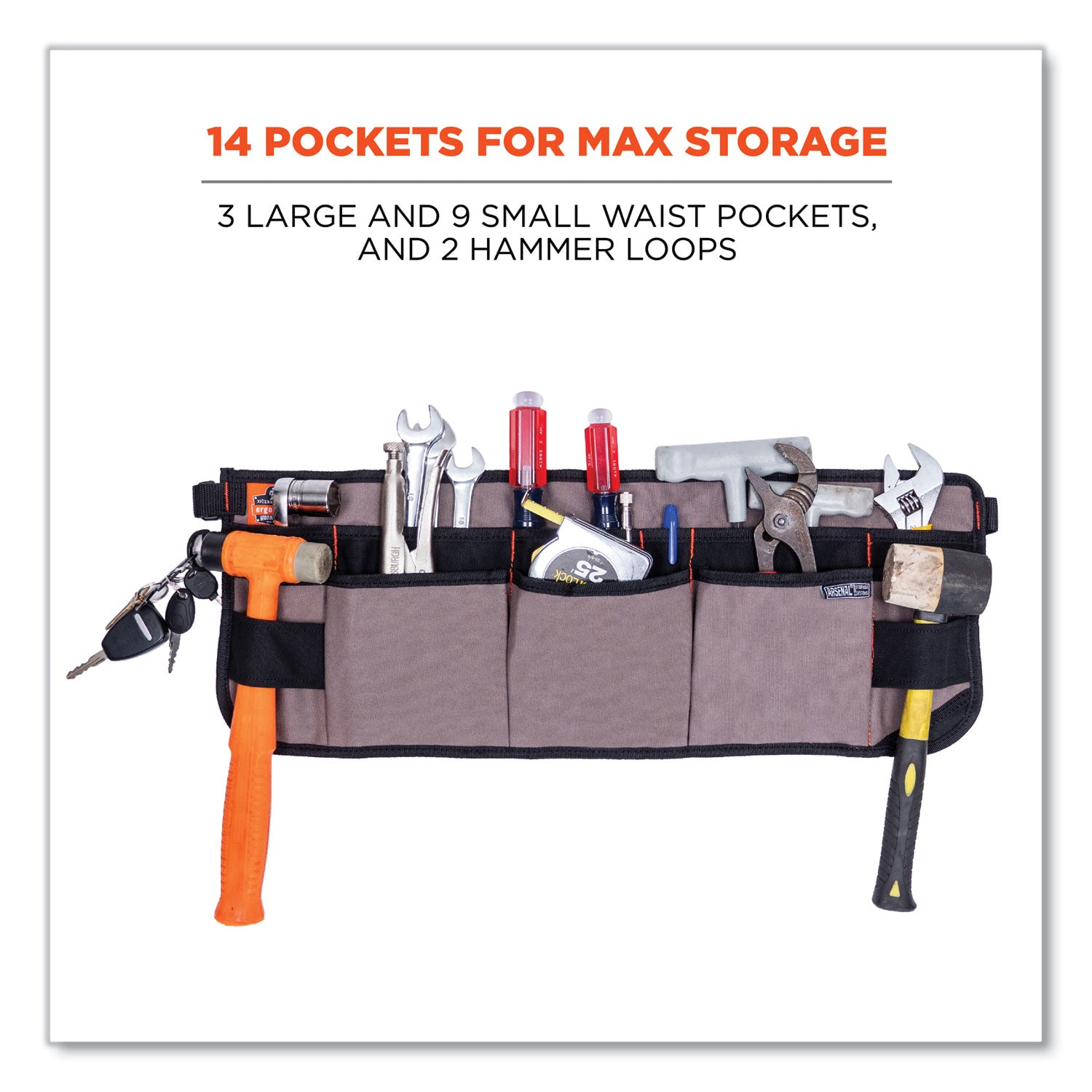 ergodyne® Arsenal 5707 Canvas Waist Apron, 14 Compartments, 25.5 x 34, Canvas, Gray